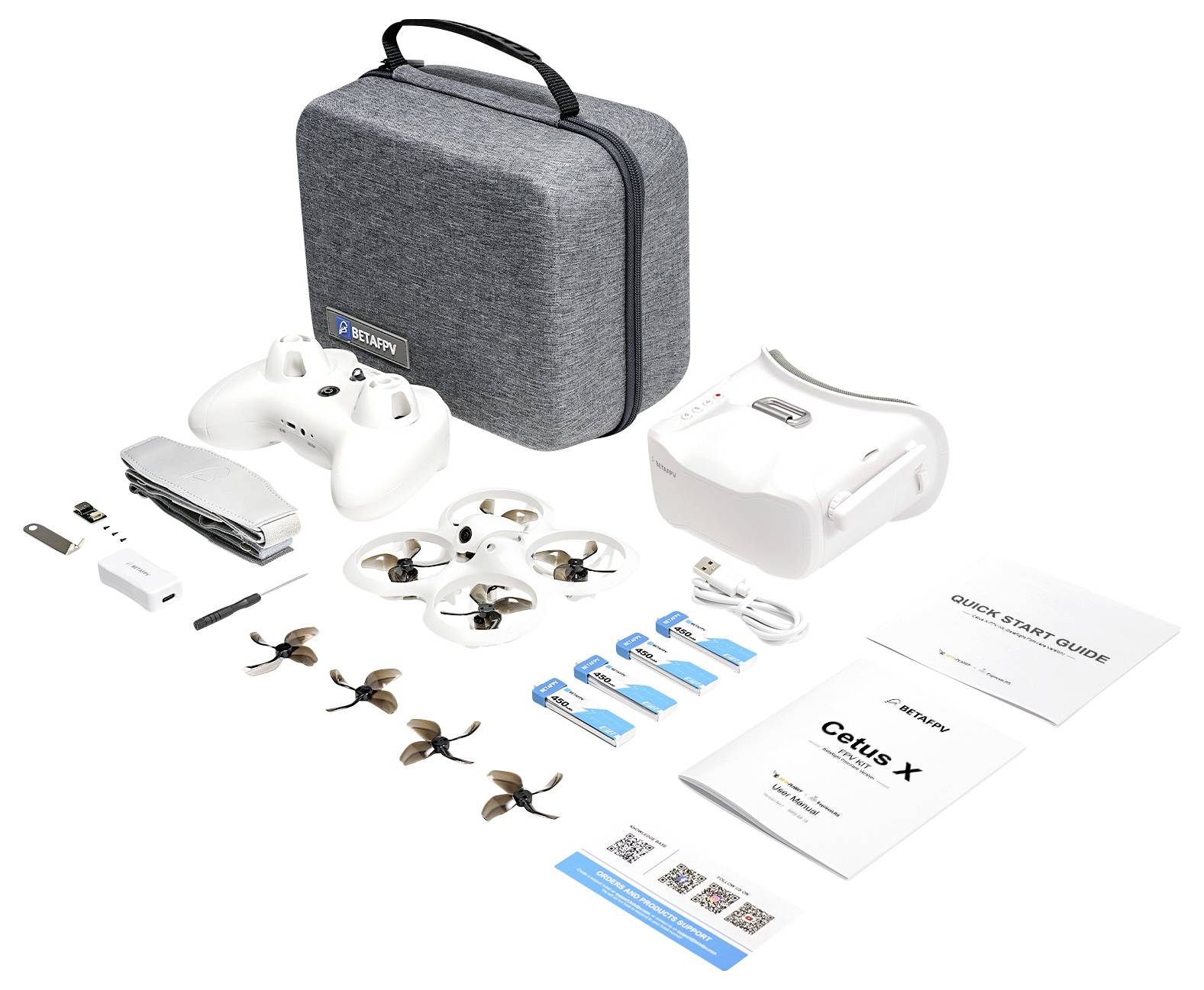 FPV-Drohnen-Set mit Controller, Brille, Drohne, Ersatzpropellern, Akku, Ladegerät und Handbüchern. Alles in grauer Tragetasche.