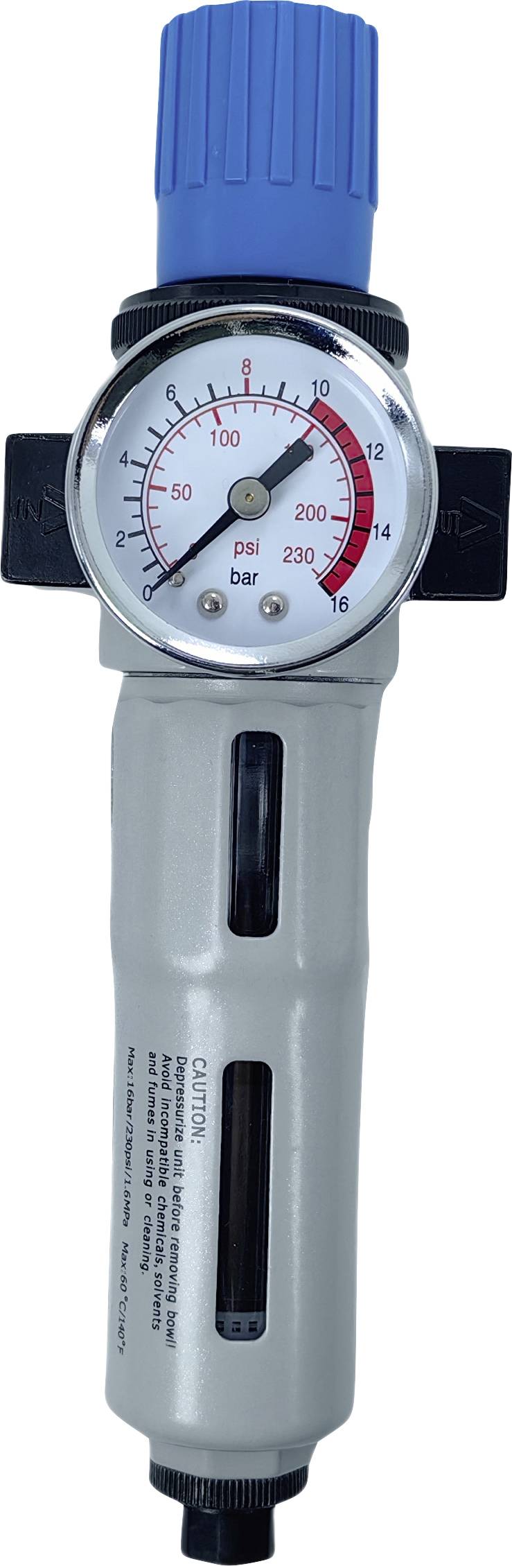 Luftdruckregler mit einem Zifferblatt, das von 0 bis 230 psi anzeigt, und einem blauen Drehknopf zur Druckeinstellung.