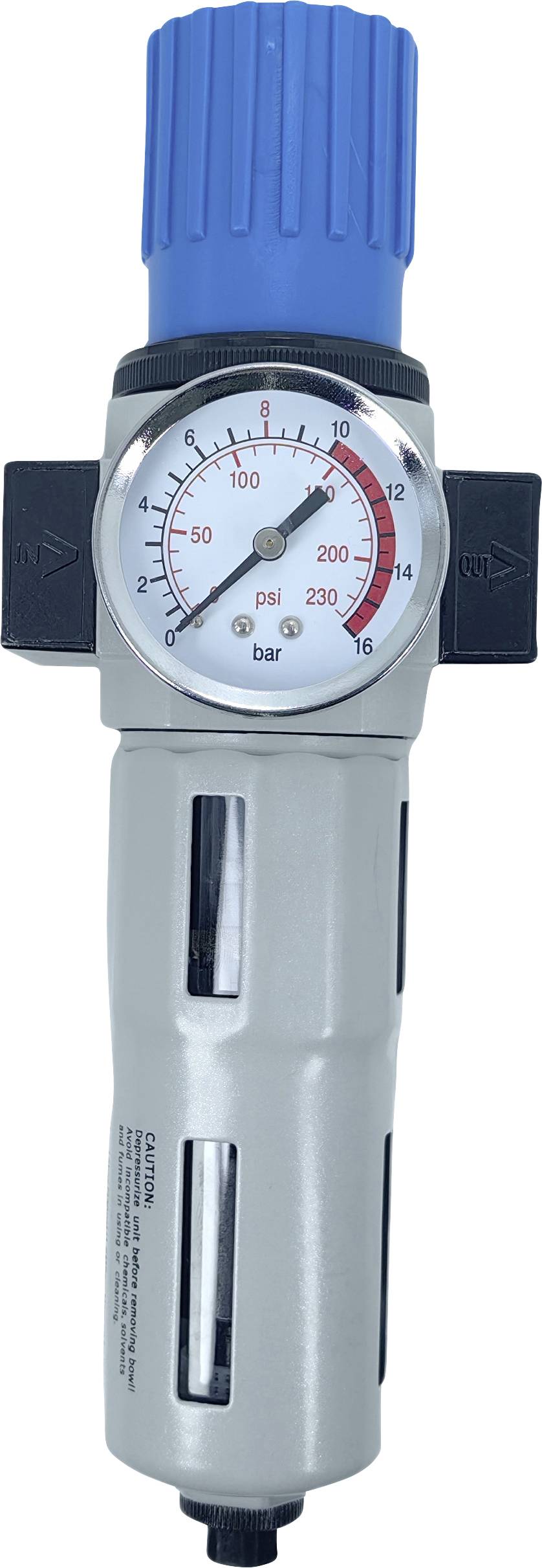 Druckregler mit Manometer zeigt Druck in psi und bar, blauer Drehknopf zur Einstellung, silberner Korpus, hauptsächlich industriell genutzt.