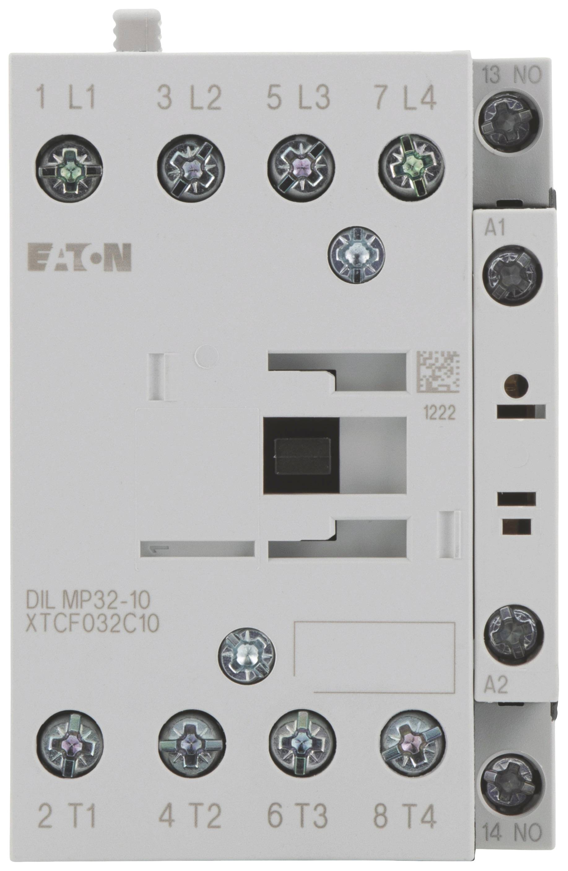 Gerät der Marke Eaton mit Beschriftungen L1, L2, L3, L4 oben und Bezeichnungen T1, T2, T3, T4 unten. Modell DIL MP32-10.