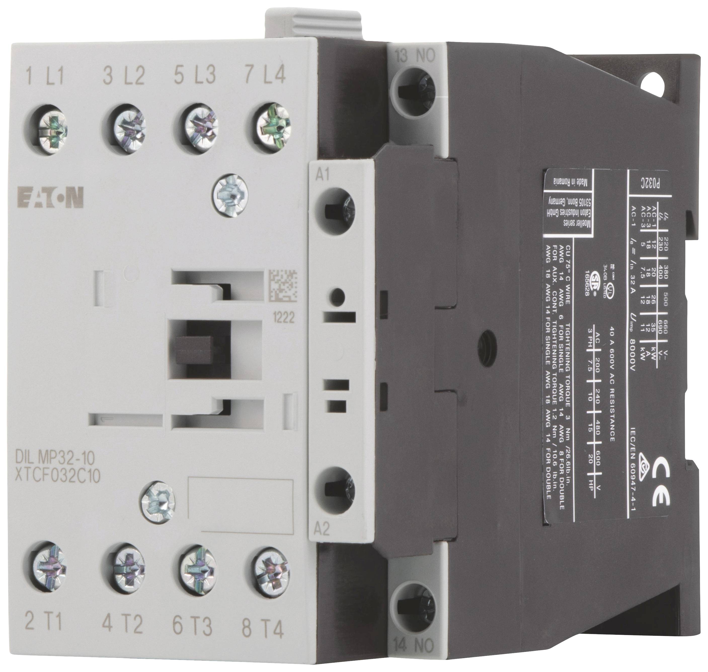 Ein Eaton-Schütz, Modell DIL MP32-10, mit Anschlüssen oben und unten sowie Beschriftungen an der Seite, zur Steuerung elektrischer Stromkreise.
