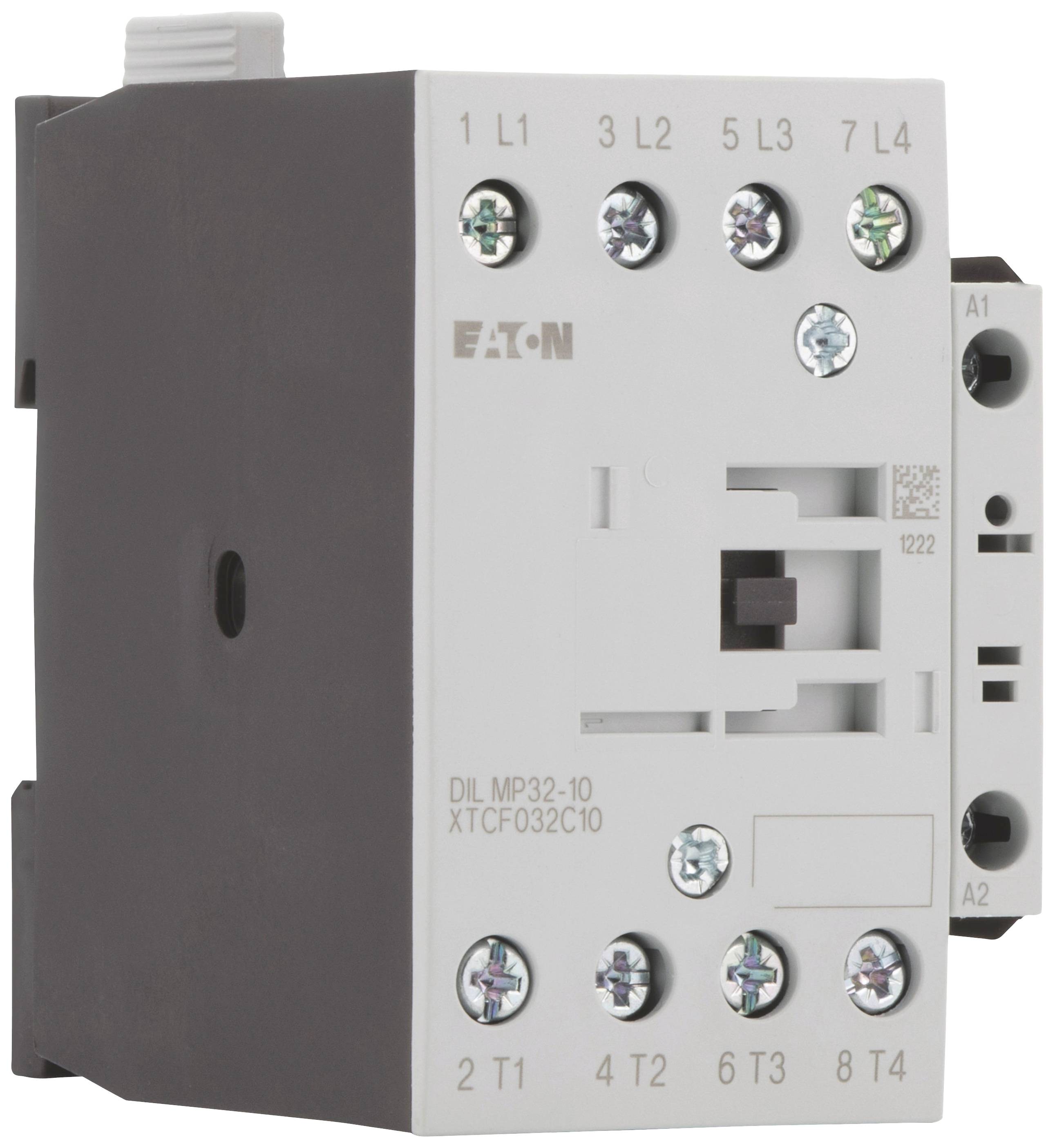 Ein Schütz von Eaton mit der Modellnummer DIL MP32-10. Es zeigt Anschlüsse zur Installation in elektrischen Schaltkreisen.