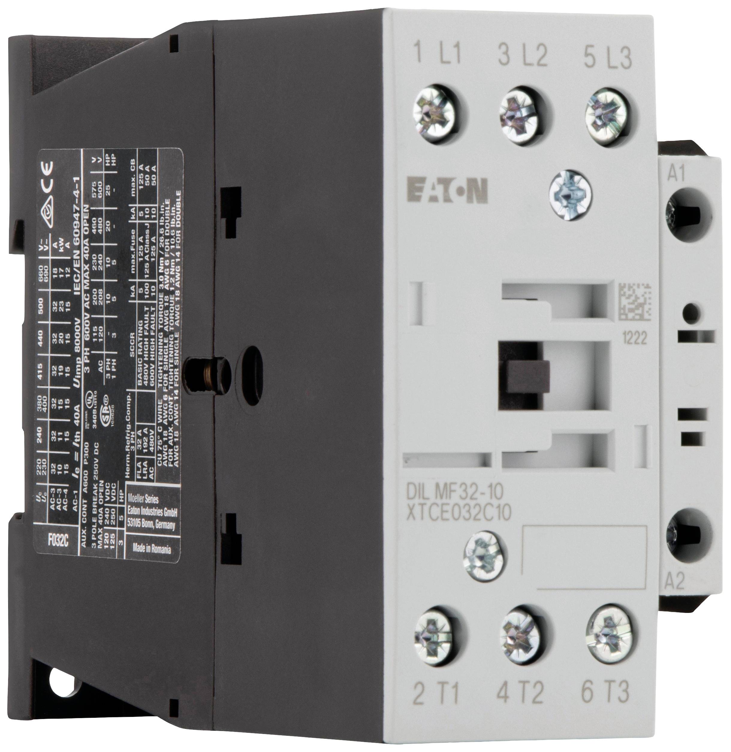 Ein graues, rechteckiges elektronisches Gerät von Eaton mit mehreren Anschlüssen und Beschriftungen auf der Vorderseite.