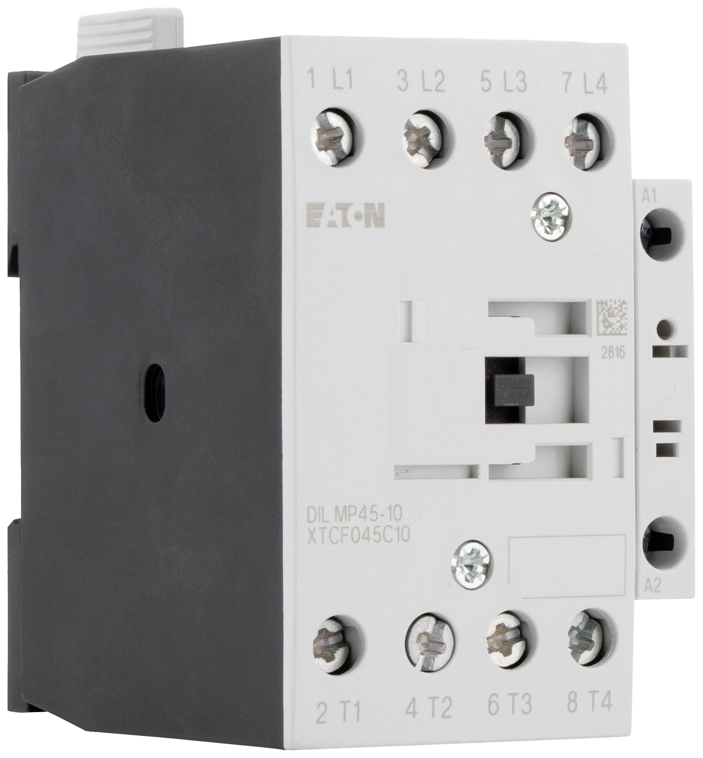 Elektrischer Schütz mit mehreren Anschlussklemmen. Das Gehäuse ist weiß-schwarz. Modellnummer und Herstellerlogo sind sichtbar.