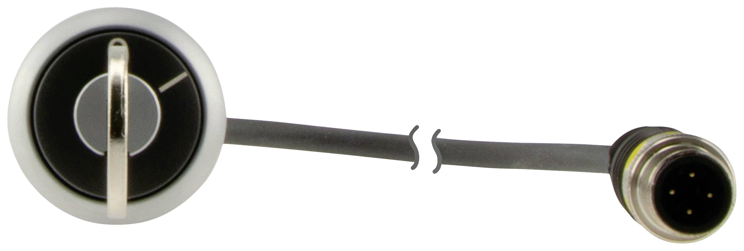 Runder schwarzer Kippschalter mit silbernem Hebel, verbunden durch ein Kabel mit einem mehrpoligen Stecker.