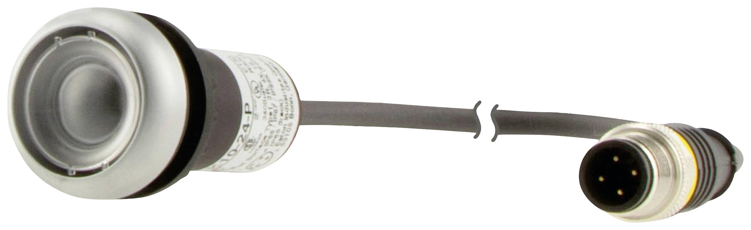 Ein silberner, runder Drucktaster mit schwarzem Kabel und Stecker. Geeignet für industrielle Anwendungen mit robustem Design.