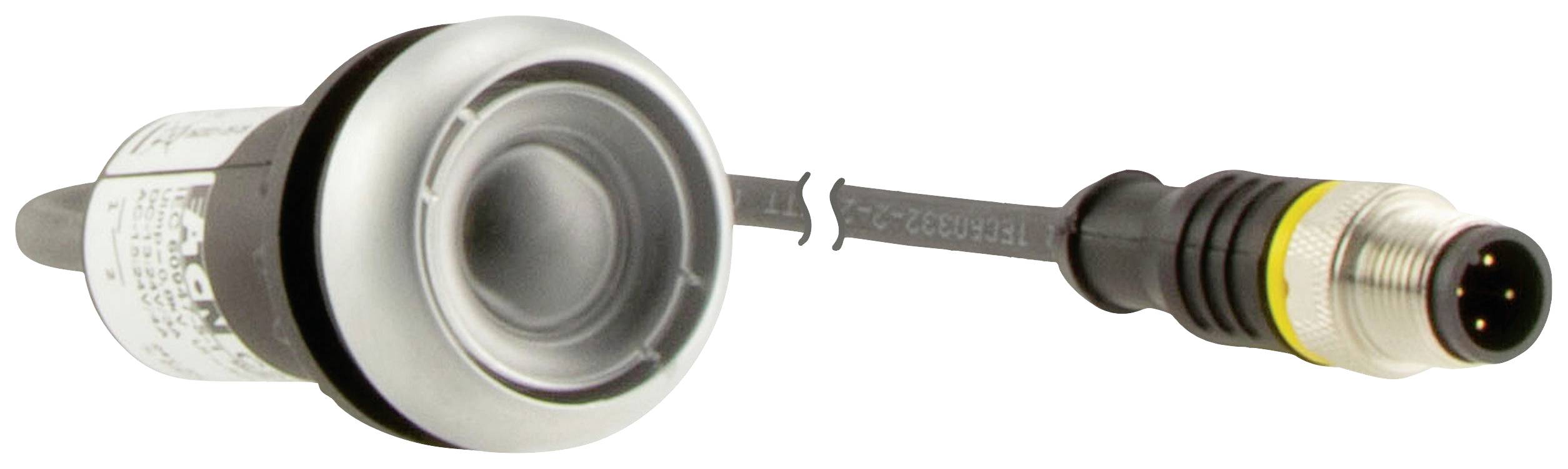 Ein zylindrischer Sensor mit Kabel und Stecker. Der Sensor hat eine metallene Oberfläche, und der Stecker hat vier Pins.