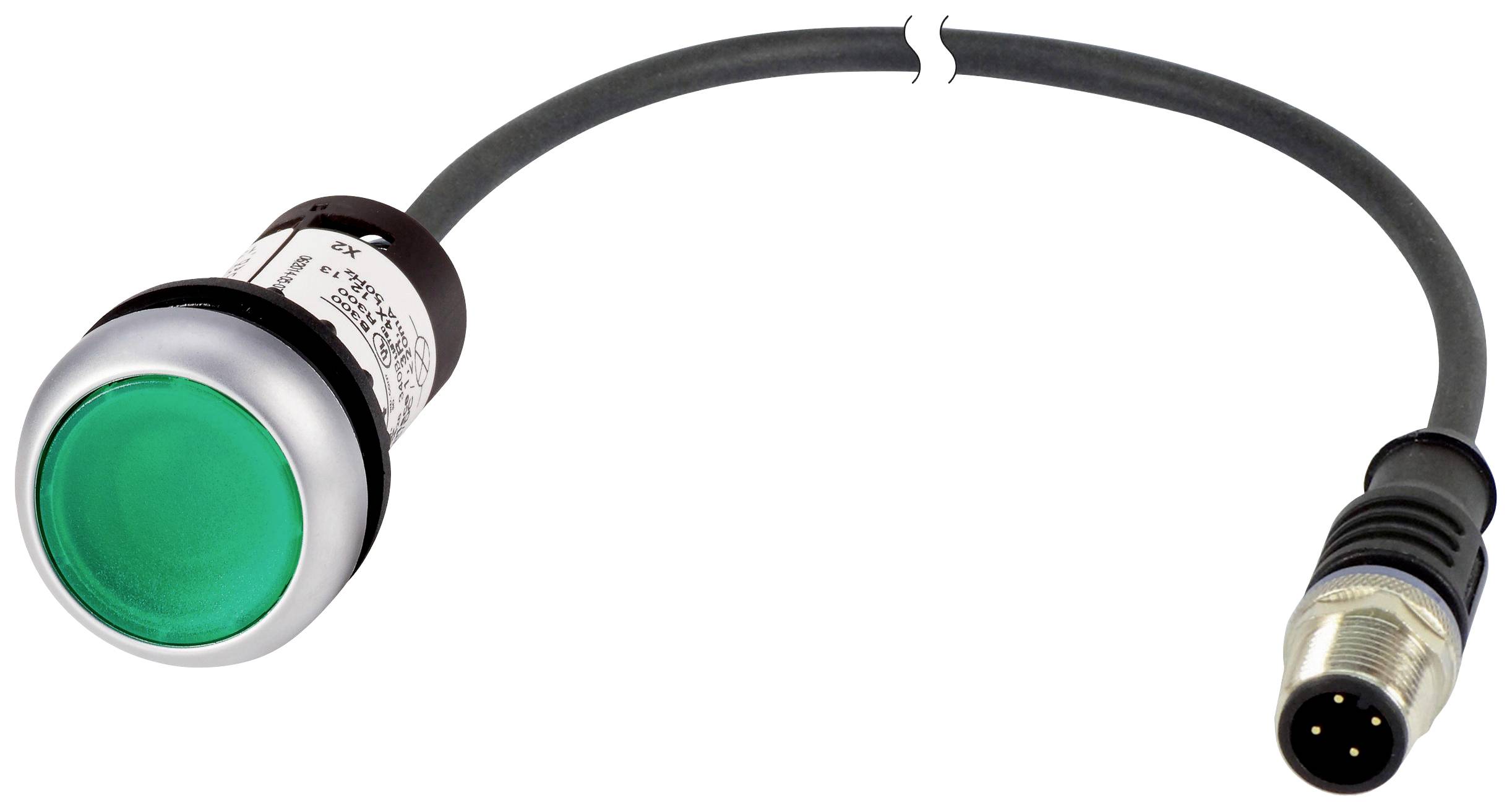 Grüner Rundknopf mit Anschlusskabel und Stecker, typischerweise für Steuer- oder Signalanwendungen in technischen Geräten verwendet.