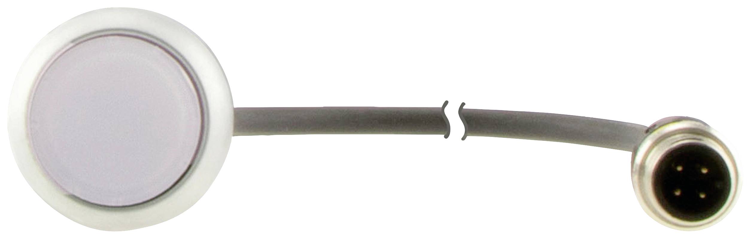 Sensor mit rundem Gehäuse links, verbunden durch ein Kabel mit einem Stecker rechts. Geeignet für elektronische Anwendungen.