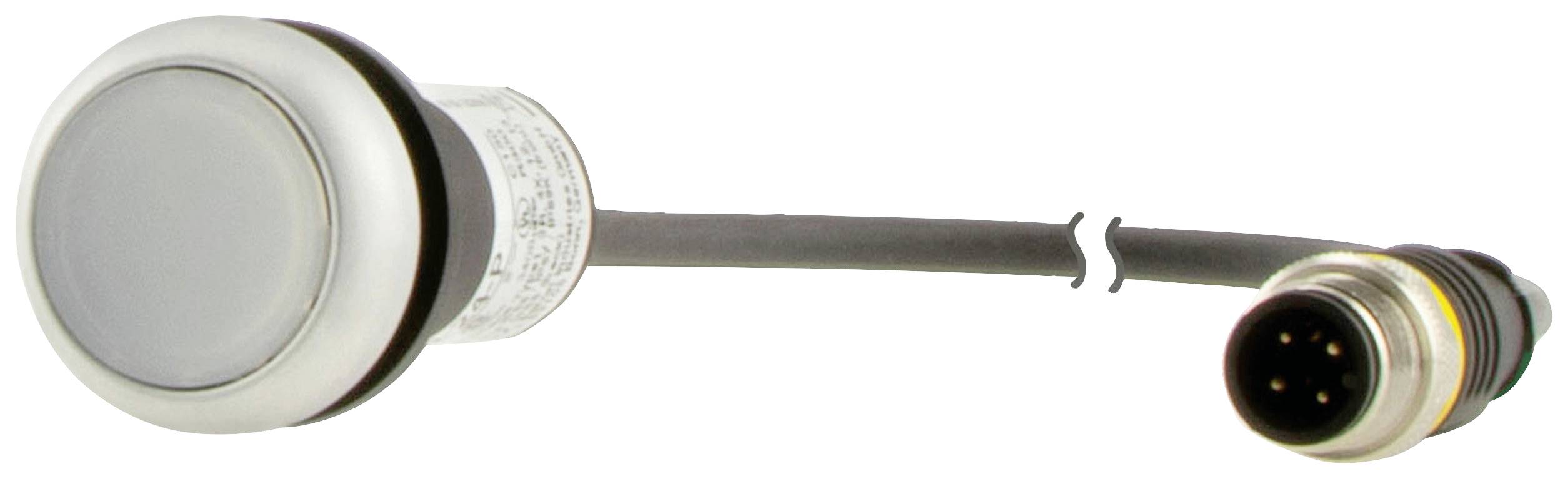 Ein runder Drucktaster mit Metallgehäuse und einem angeschlossenen Kabel mit einem 4-poligen Stecker.