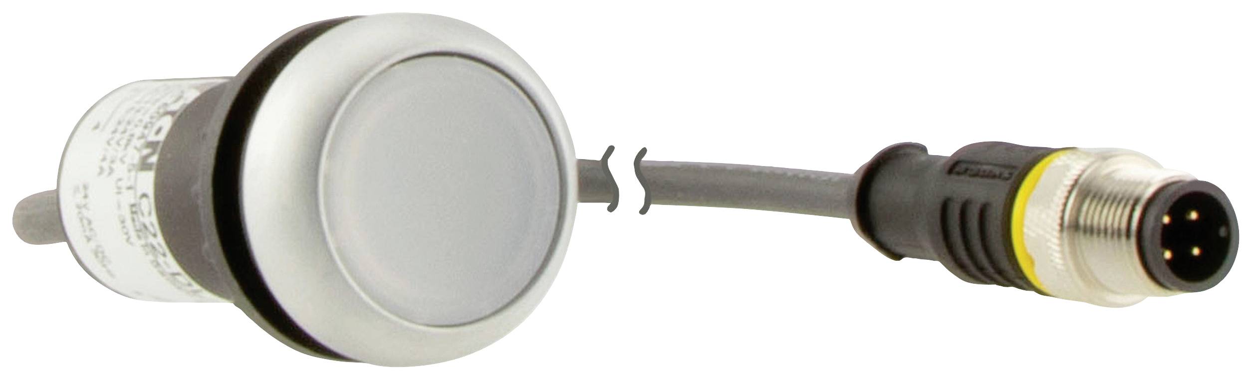 Ein runder elektrischer Schalter mit silberner Fassung und einem angeschlossenen Kabel mit Stecker mit vier Pins.