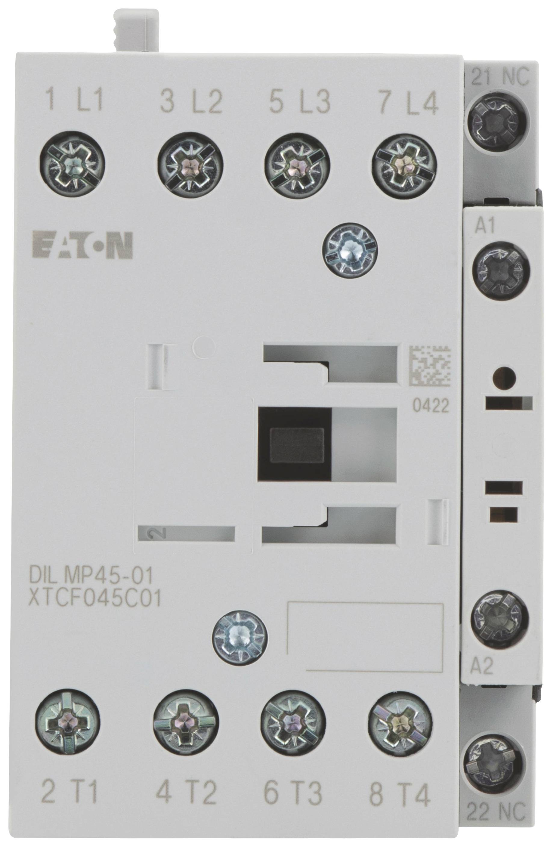 Ein Schützmodul mit dem Label 'Eaton', sechs Hauptanschlüsse oben (L1, L2, L3) und unten (T1, T2, T3), sowie Steueranschlüsse rechts (21, 22, A1, A2).