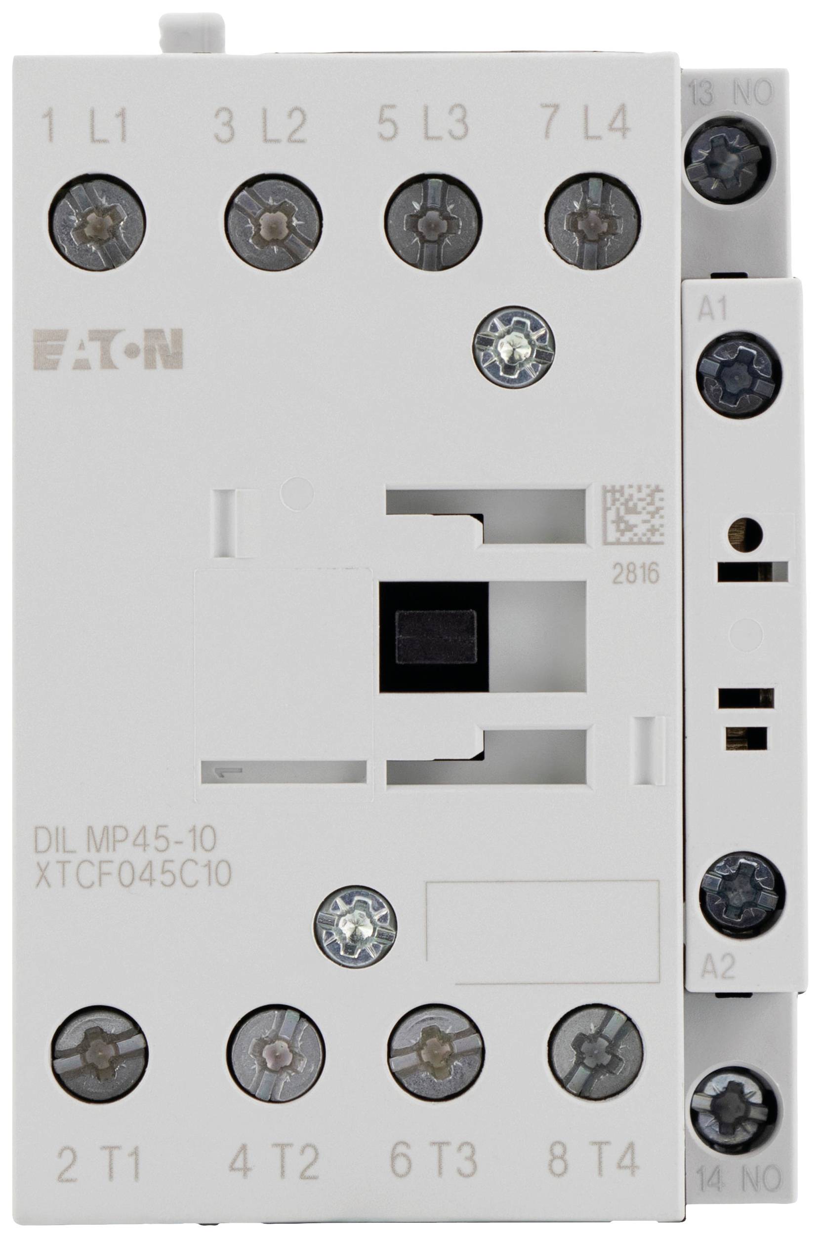 Ein weißer elektrischer Schütz von Eaton, Modell DIL MP45-10. Die Anschlüsse sind gekennzeichnet mit L1, L2, L3, T1, T2 und T3.