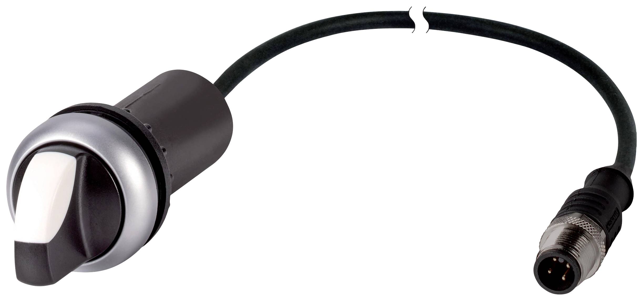 Schwarz-silberner Schalter mit Kabel und 4-poligem Stecker, geeignet für Elektronik- oder Musikinstrumente.