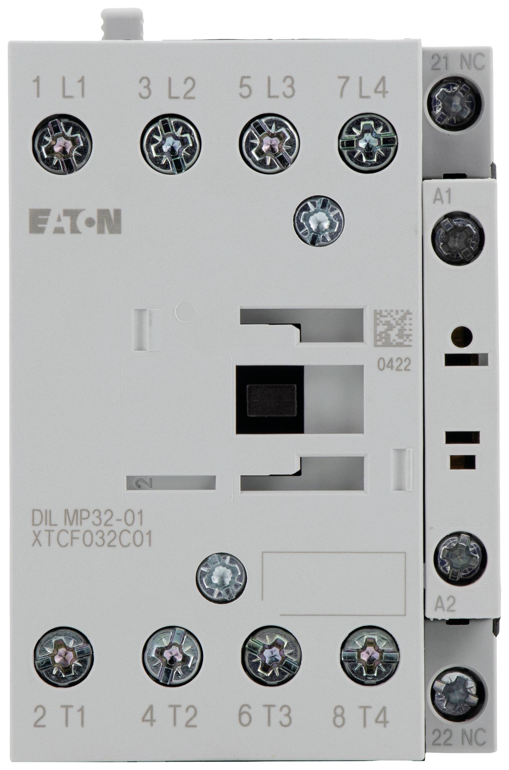 Ein grau-weißer Eaton-Schütztyp DIL MP32-01 XTCF032C01 mit mehreren nummerierten Anschlüssen und einem zentralen schwarzen Schalter.