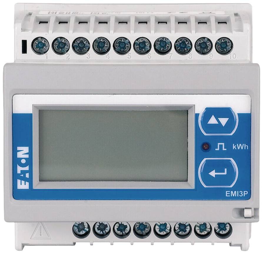 Ein digitales Messgerät zur Energieüberwachung, mit einem Display und mehreren Anschlussklemmen oben und unten.