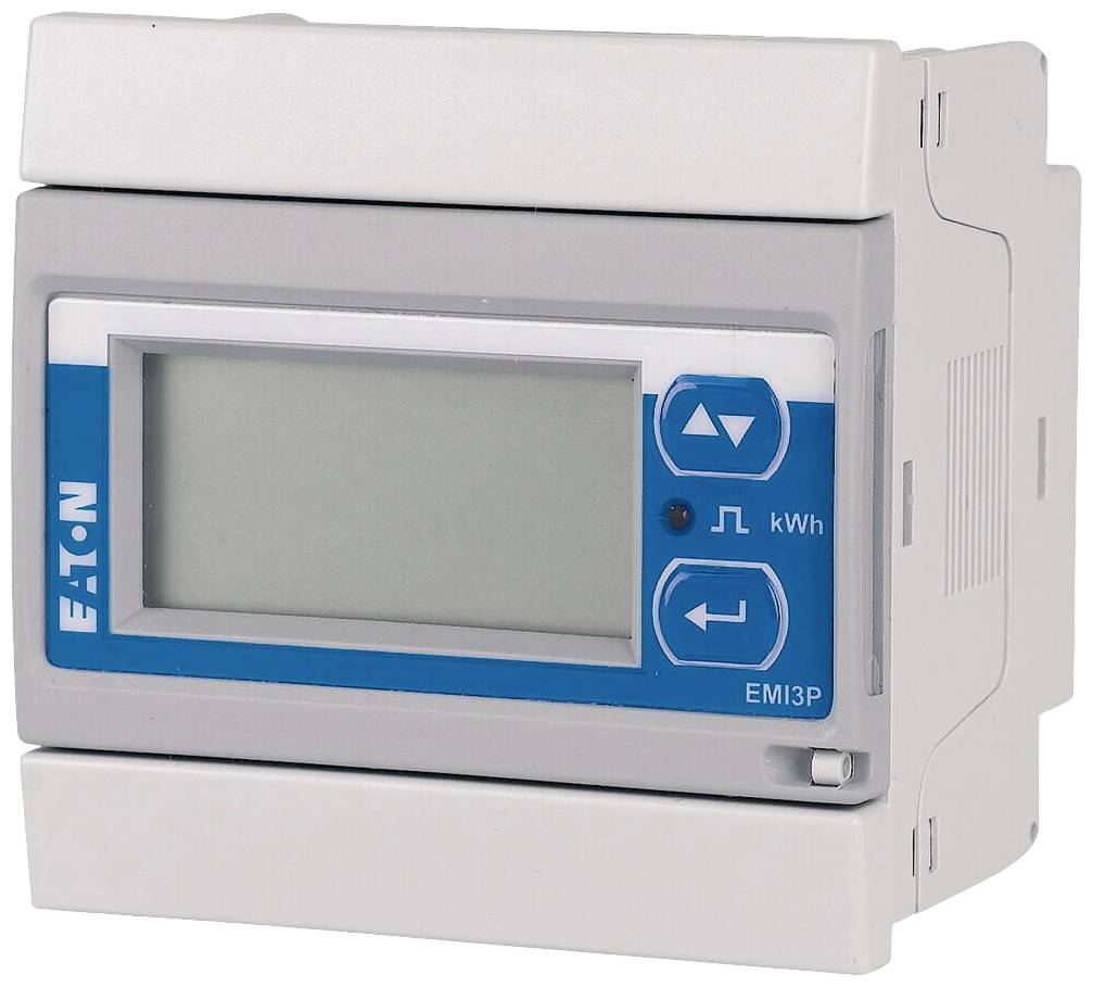 Dieses Bild zeigt ein digitales Energiekostenmessgerät von EATON mit einem Display zur Anzeige von Kilowattstunden (kWh) und Pfeiltasten zur Navigation.