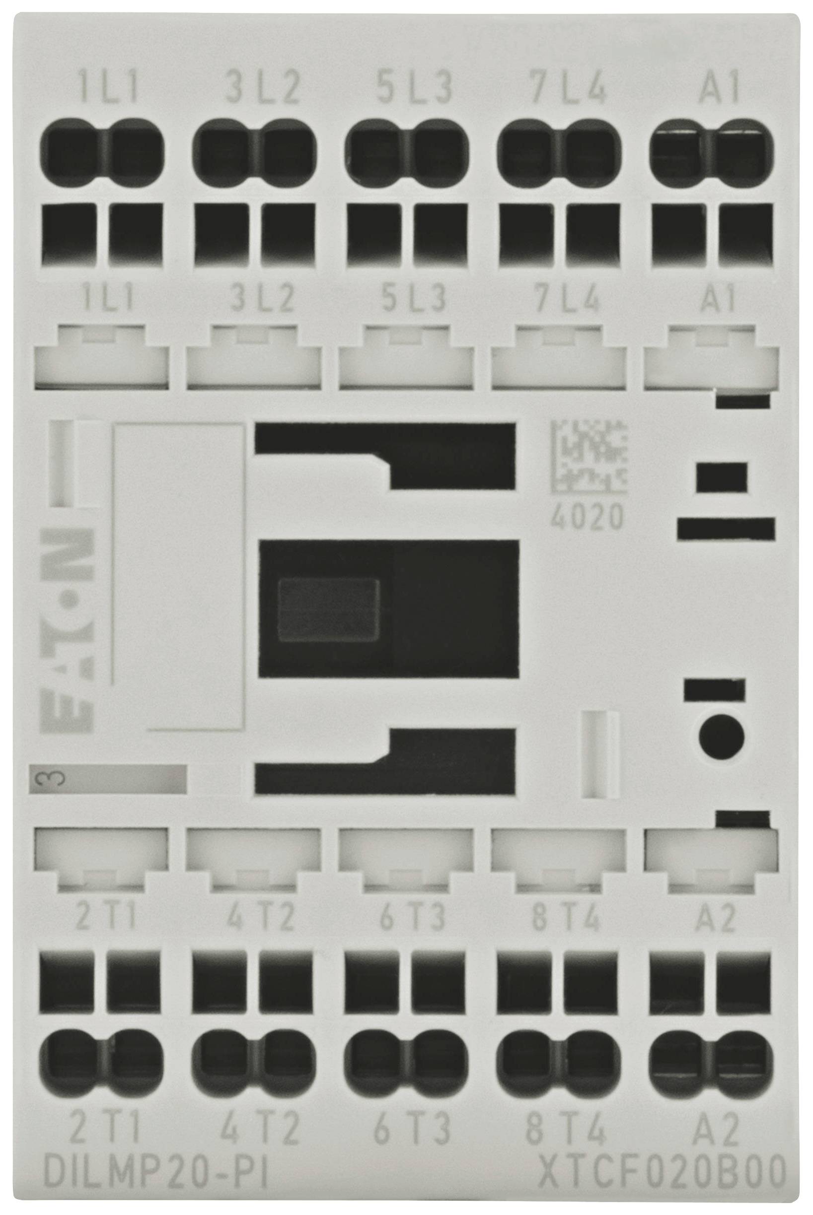 Ein elektronischer Schütz mit Anschlüssen und Bezeichnungen. Marke 'Eaton', Modellnummer 'DILMP20-PI', Typ 'XTCF020B00'.