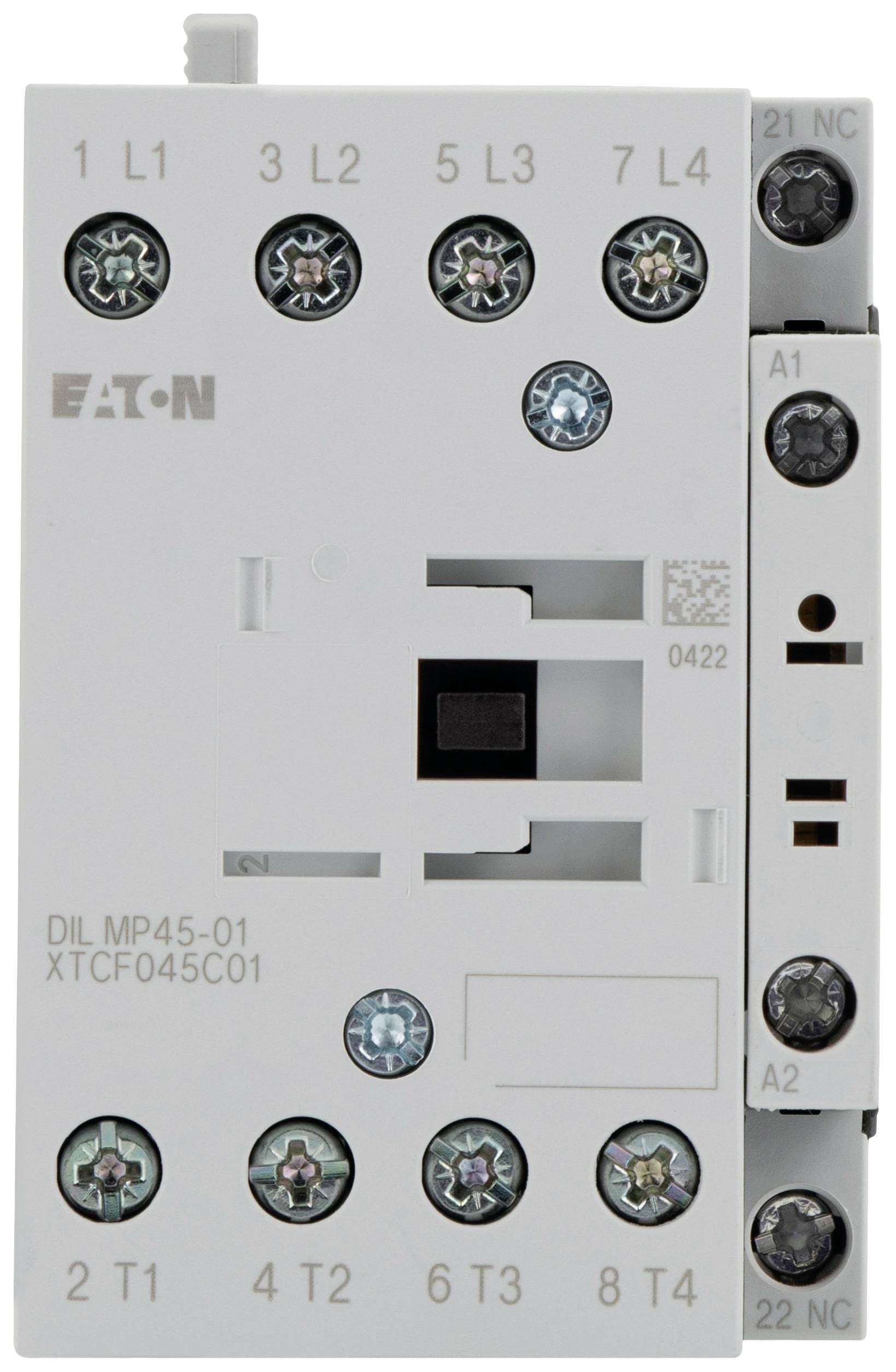 Ein elektrischer Schütz von Eaton, Modell DIL MP45-01, zeigt Anschlussklemmen und Schalterelemente für Steuerungsanwendungen.