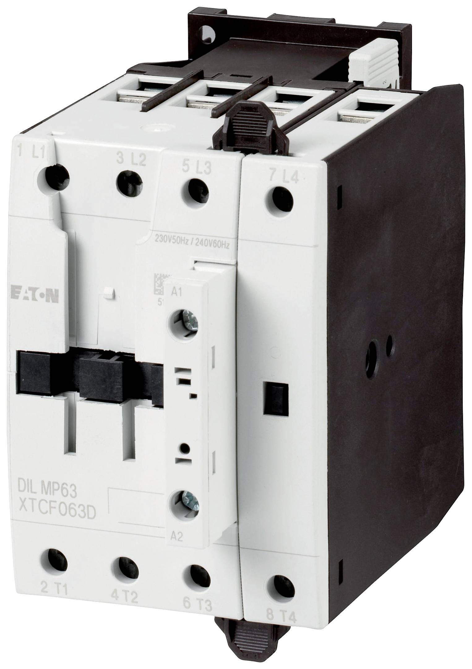 Ein Schütz von Eaton, Modell DIL MP63 XTCF063D, mit mehreren elektrischen Anschlüssen und Schaltmechanismen. Geeignet für Steuerungsaufgaben.