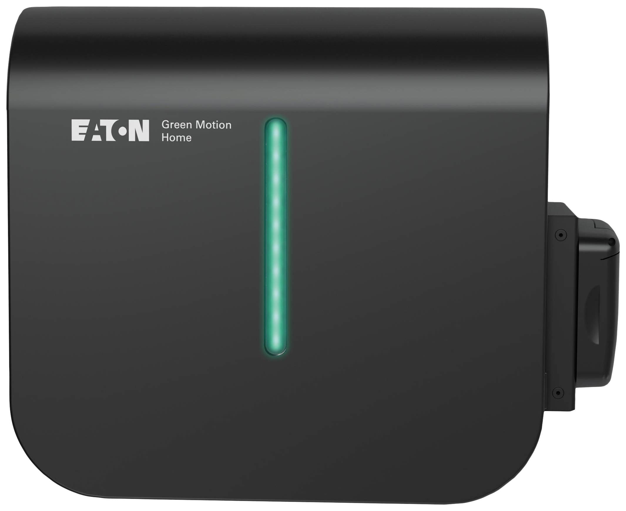 Dunkelgraue E-Ladestation mit grünem vertikalem Lichtstreifen und dem Logo 'EATON Green Motion Home' oben links.