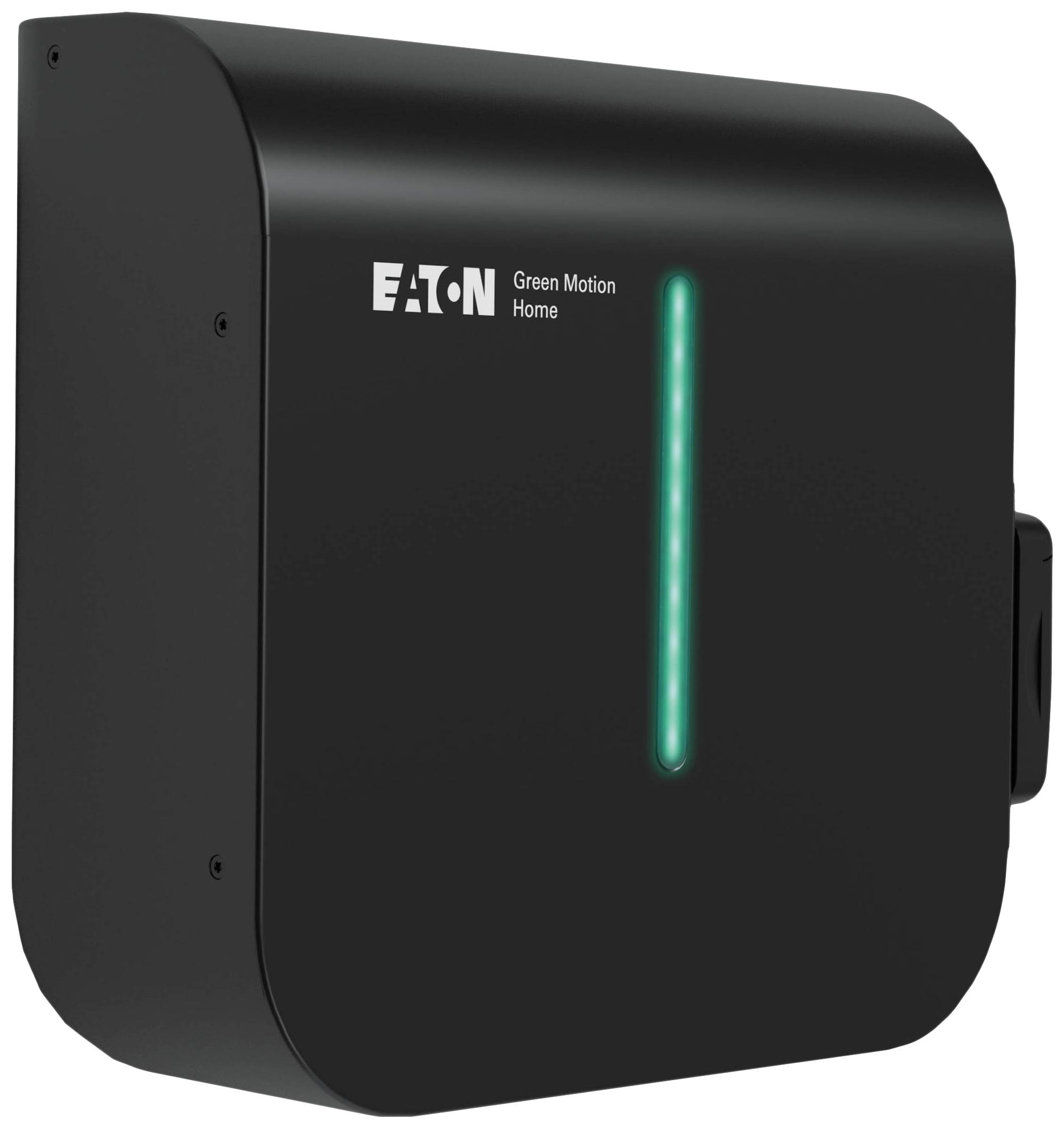 Schwarze Eaton 'Green Motion Home'-Ladestation mit leuchtender grüner LED-Leiste an der Vorderseite, für Elektrofahrzeuge.