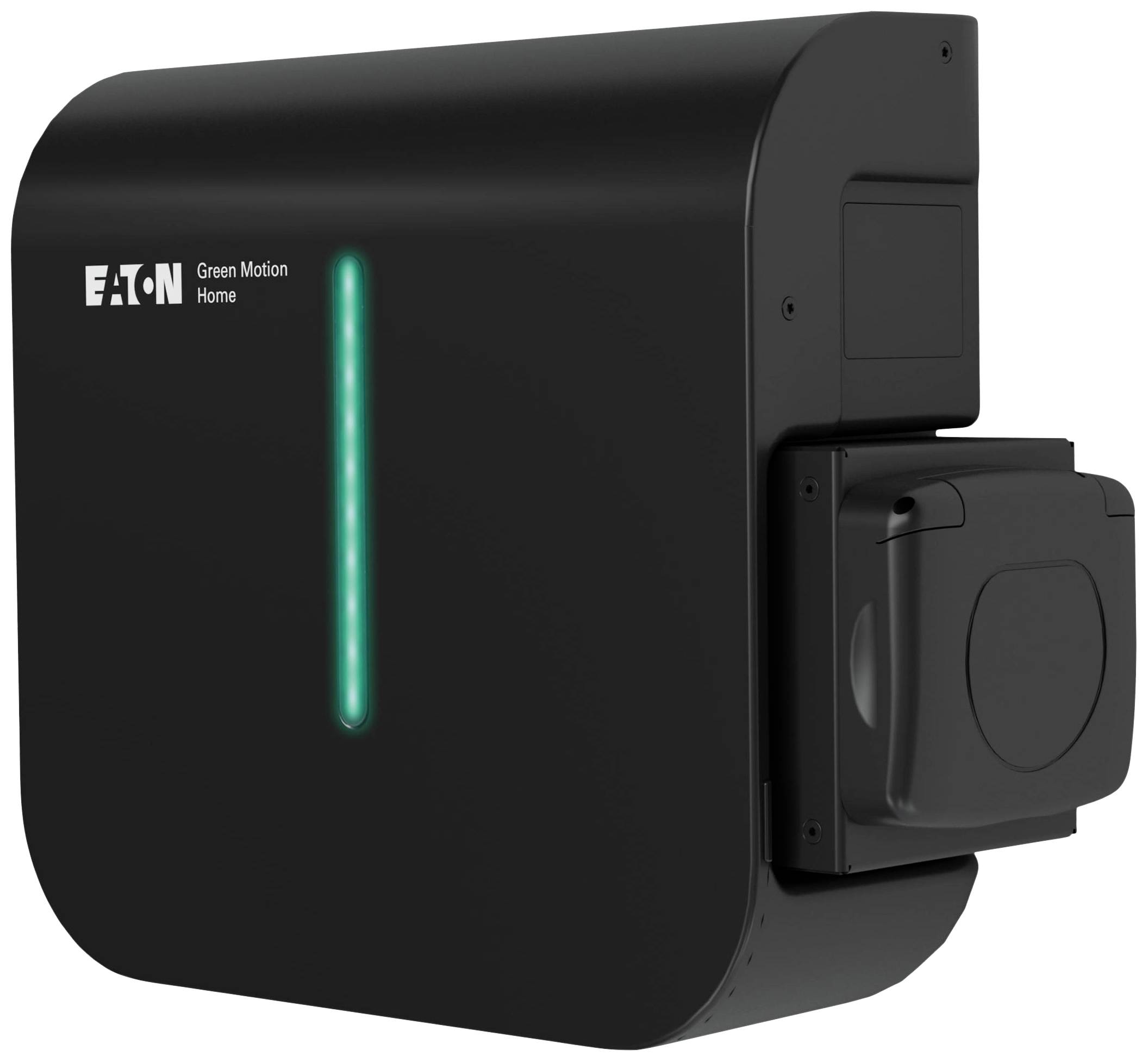 Eine schwarze Eaton Green Motion Home Ladestation mit grüner LED-Anzeige und Ladeport an der rechten Seite.