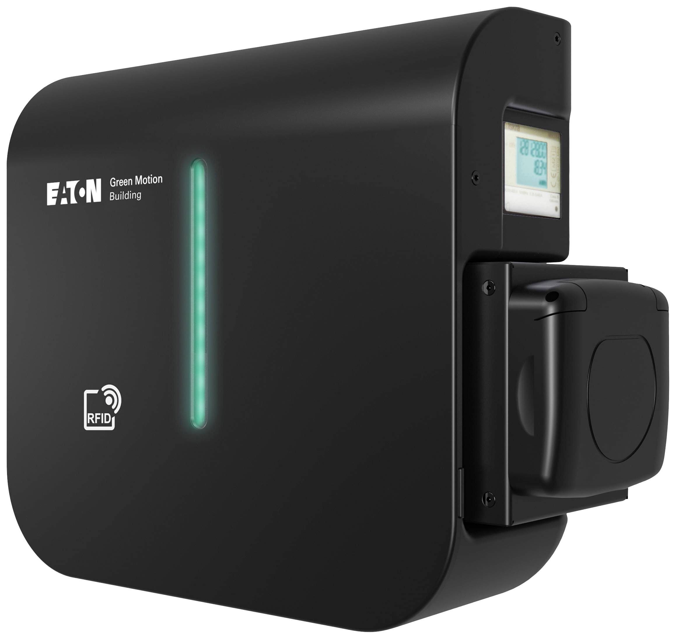 Ladestation für Elektrofahrzeuge der Marke Eaton mit RFID-Reader, Display und grünem LED-Streifen für den Ladezustand.