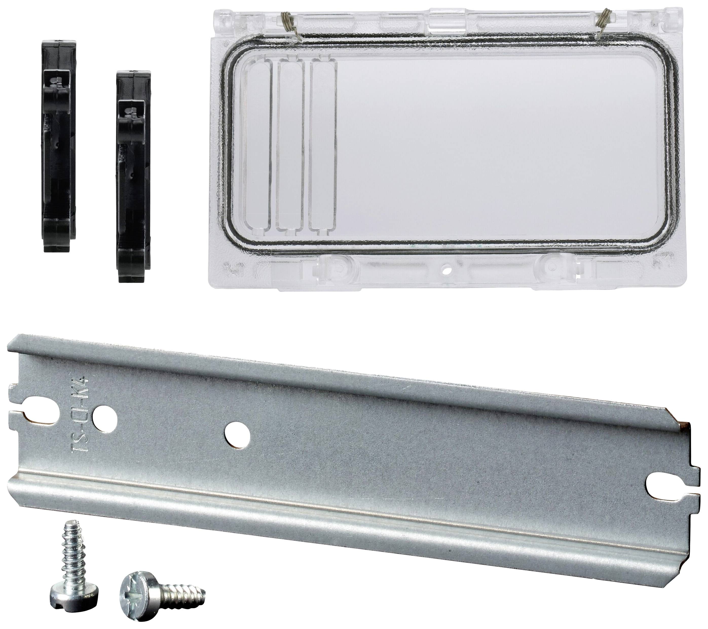 Zubehörset bestehend aus einer transparenten Kunststoffabdeckung, zwei schwarzen Clips, einer Metallhalterung und zwei Schrauben.