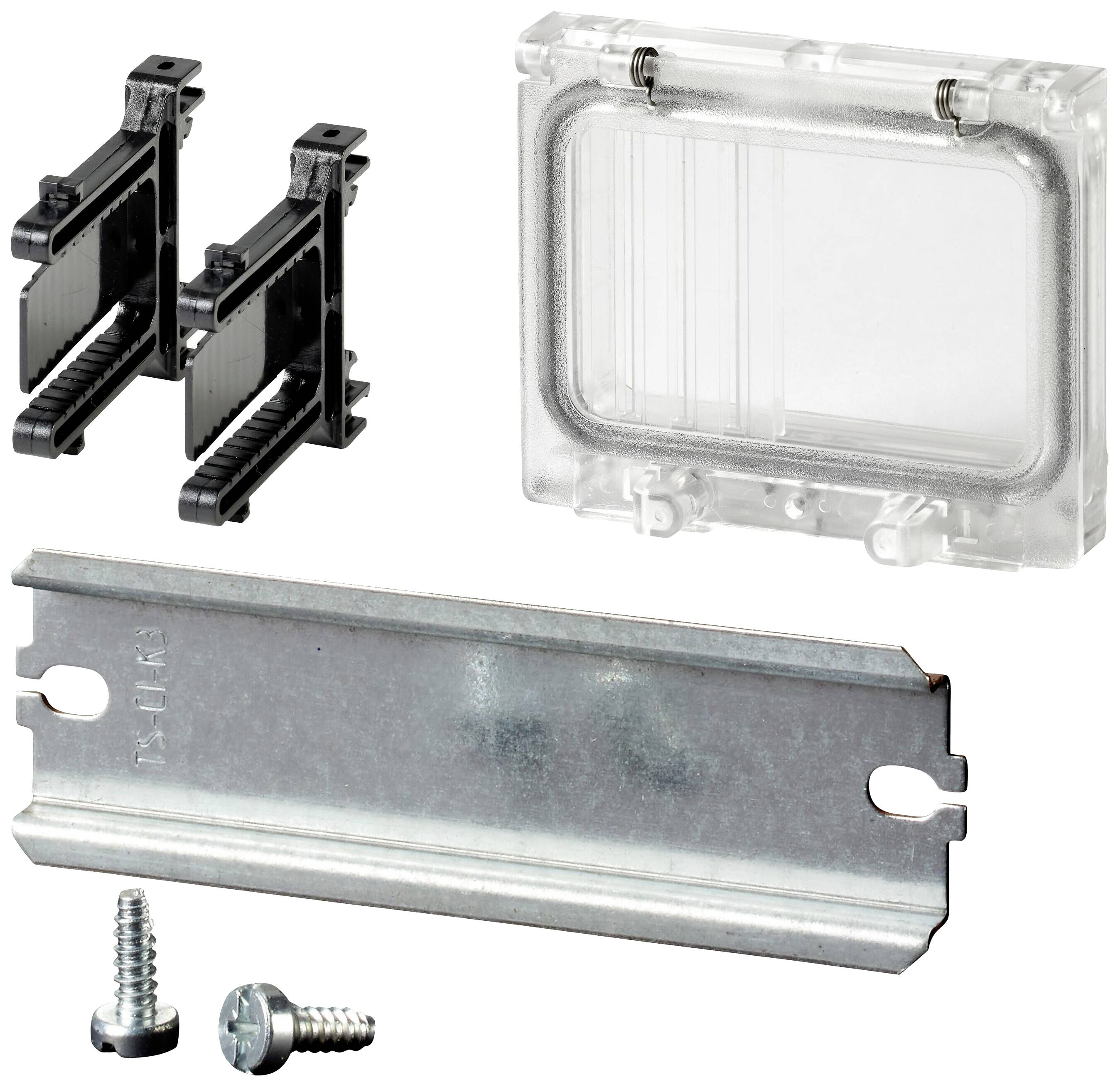 Metallische Halterung, zwei schwarze Kunststoffhalter, transparente Abdeckung und zwei Schrauben zur Montage elektrischer Komponenten.