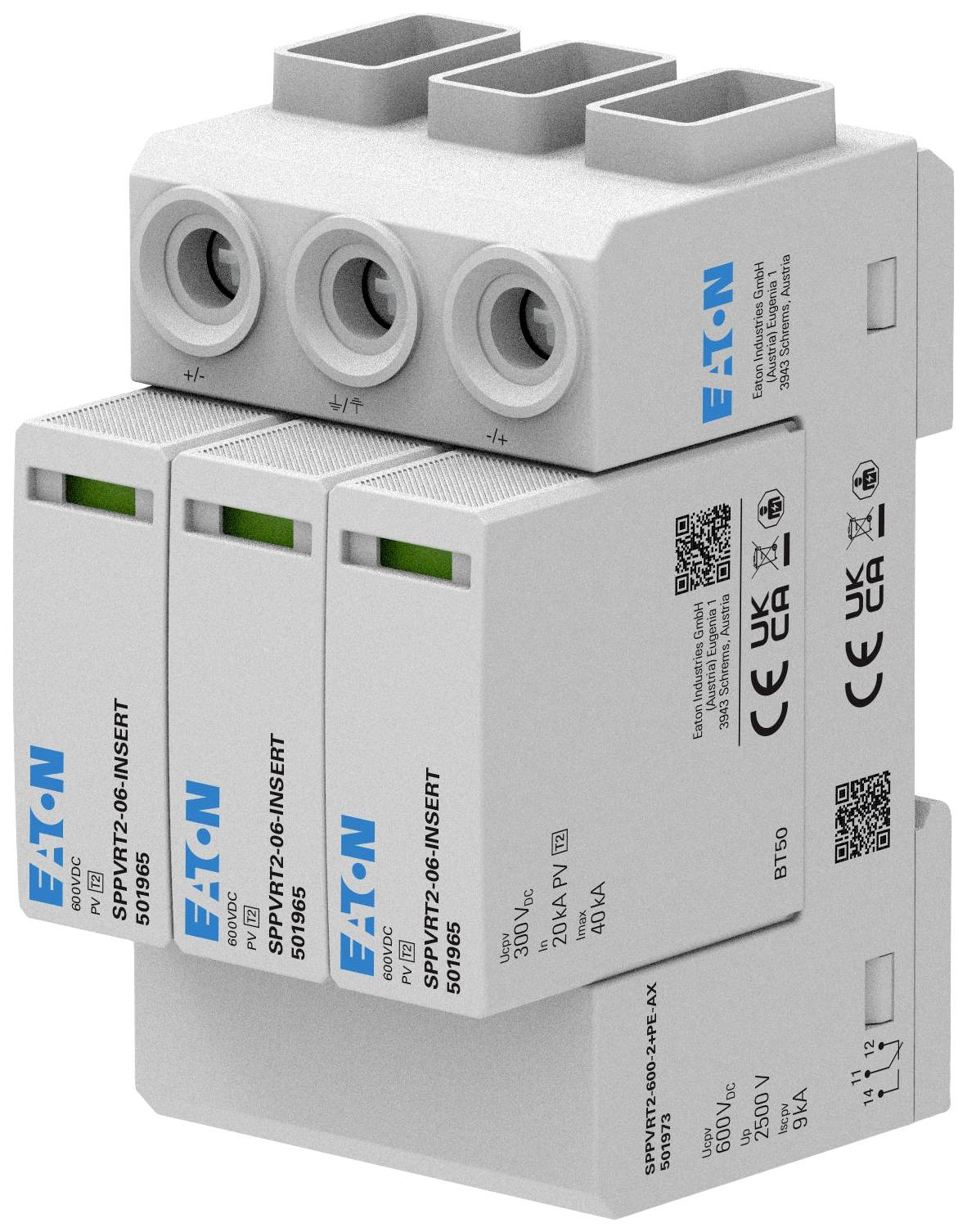 Dreiphasen-Überspannungsschutzgerät von Eaton, Modell SPBT12-400-IN, mit drei Eingängen und Schutzanzeigen.