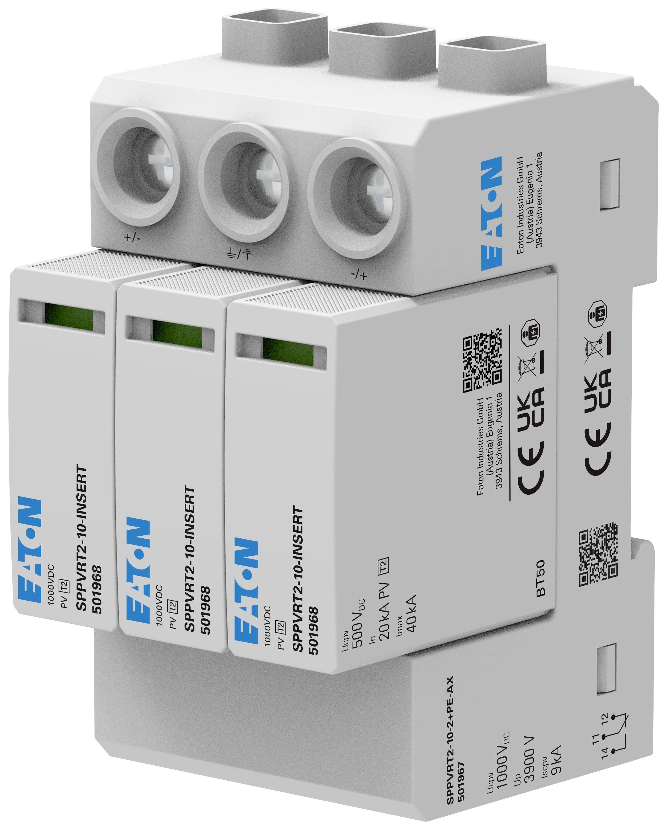 Dreipoliger Überspannungsschutzgerät von Eaton mit grauem Gehäuse und blauer Beschriftung, geeignet für 1500 V DC, 20 kA Schutz.