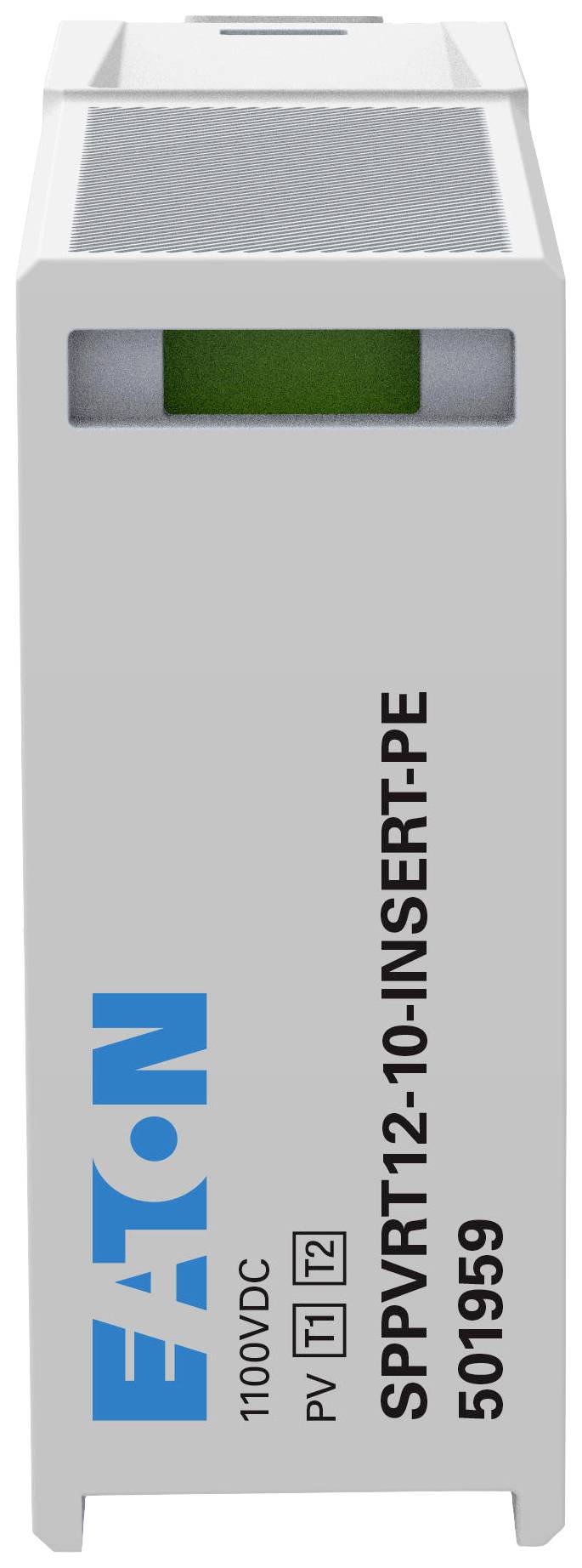 Ein graues elektrisches Bauteil mit blauem Eaton-Logo. Aufschrift: '1100VDC SPPVT12.10-INSERT-PE'. Modellnummer: 501959.