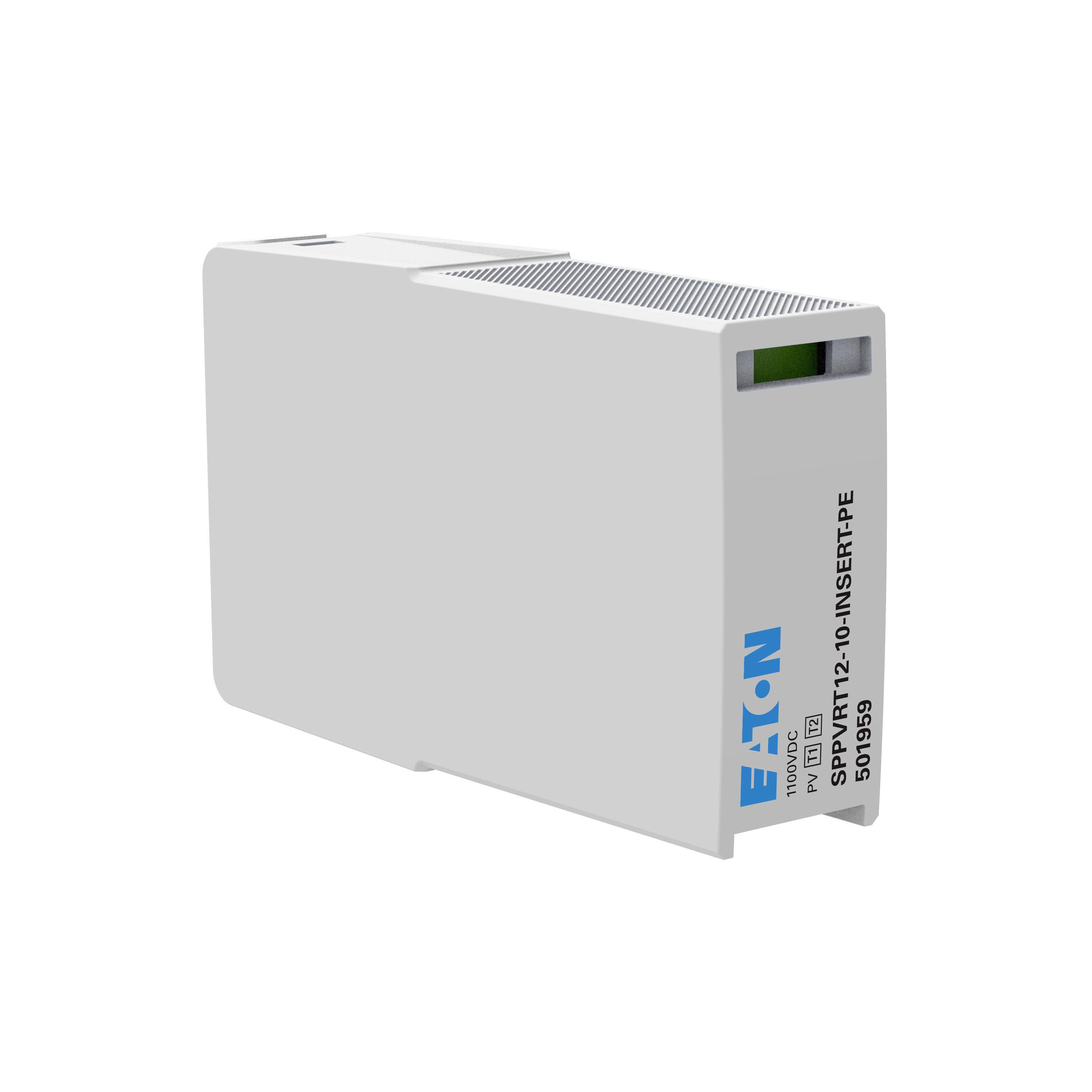 Ein weißer elektronischer Baustein mit der Aufschrift 'Eaton' und technischen Details an der Seite, wahrscheinlich ein elektrisches Modul.