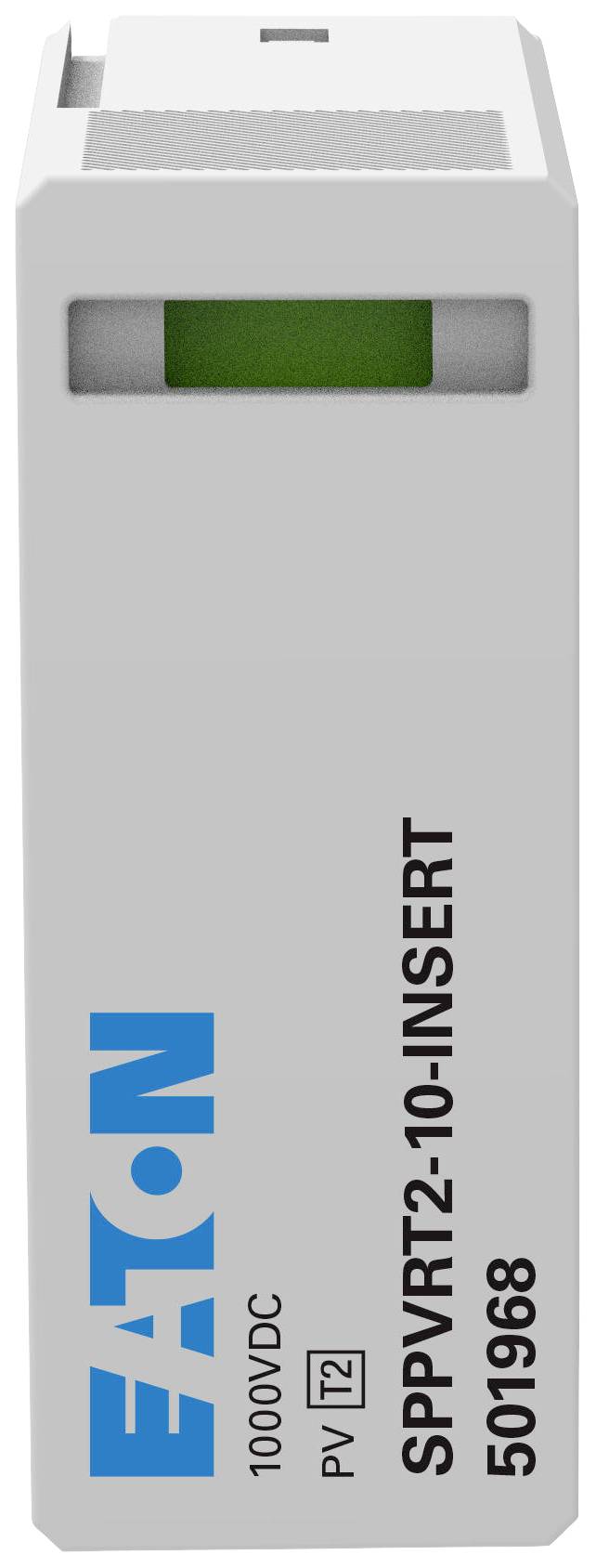 Ein rechteckiger, weißer Sicherungseinsatz von EATON, Modell 'SPPVRT2-10-INSERT', mit der Aufschrift '1000VDC'.