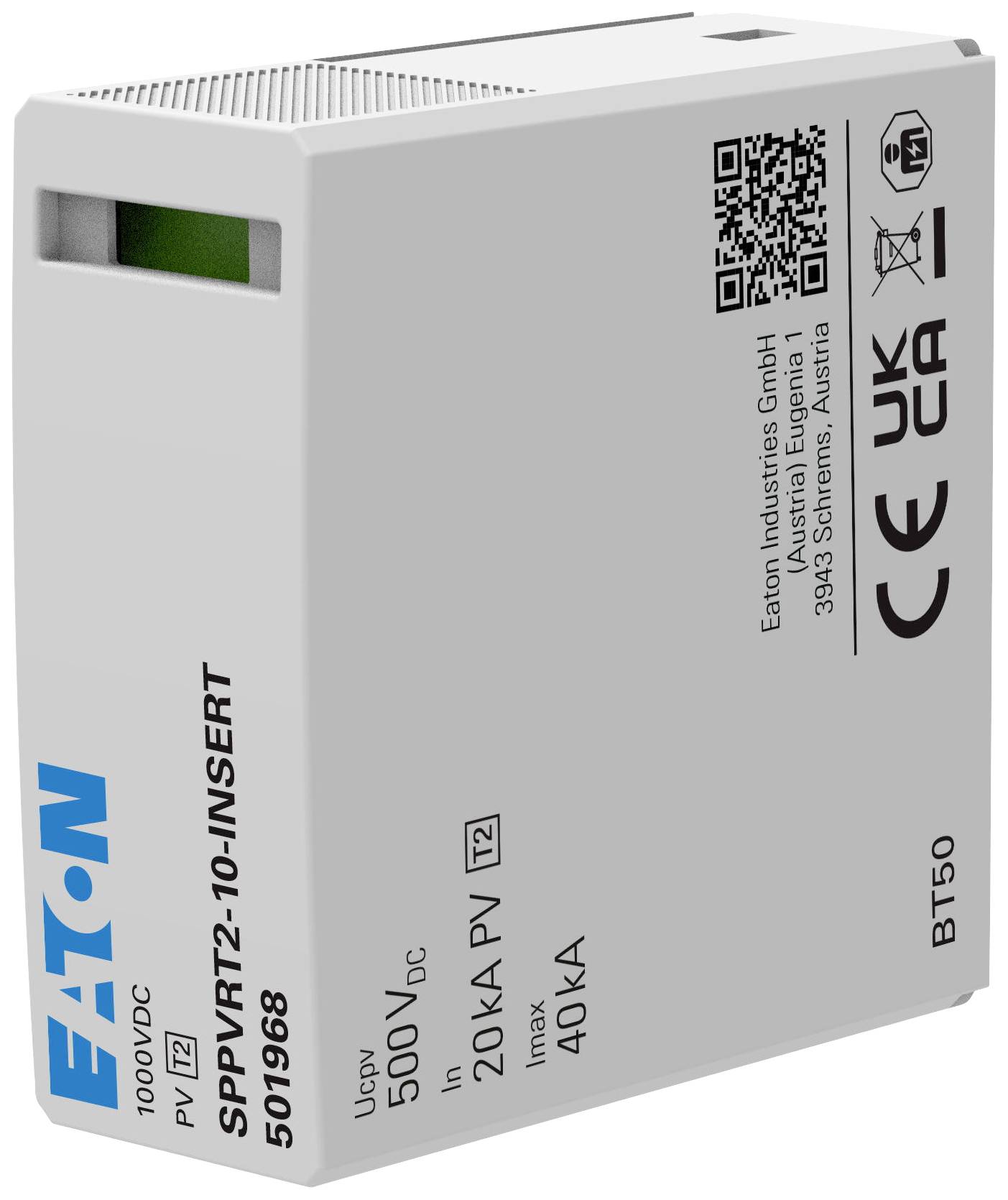 Kompakte weiße Eaton-Schutzeinrichtung mit blauer Aufschrift, QR-Code, Zertifizierungen, schützt vor Überspannung bis 40 kA.