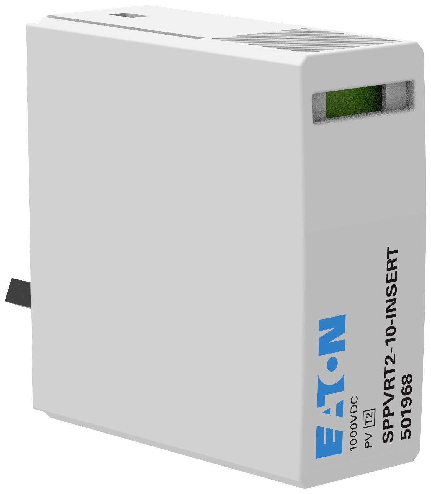 Ein weißes elektrisches Gerät mit der Beschriftung 'Eaton SPPVRT2-10-INSERT', geeignet für Spannungen bis 1000 VDC.