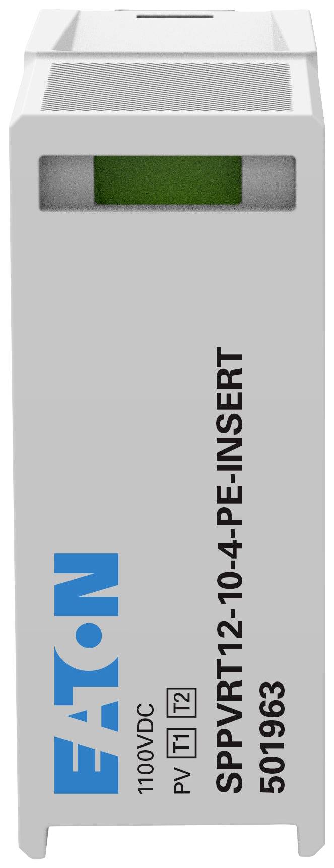 Ein grau-weißes elektrisches Bauteil von EATON mit der Beschriftung 'SPPVRT12-10-4-PE-INSERT' und '1100VDC', 'PV', 'T1', 'T2'.