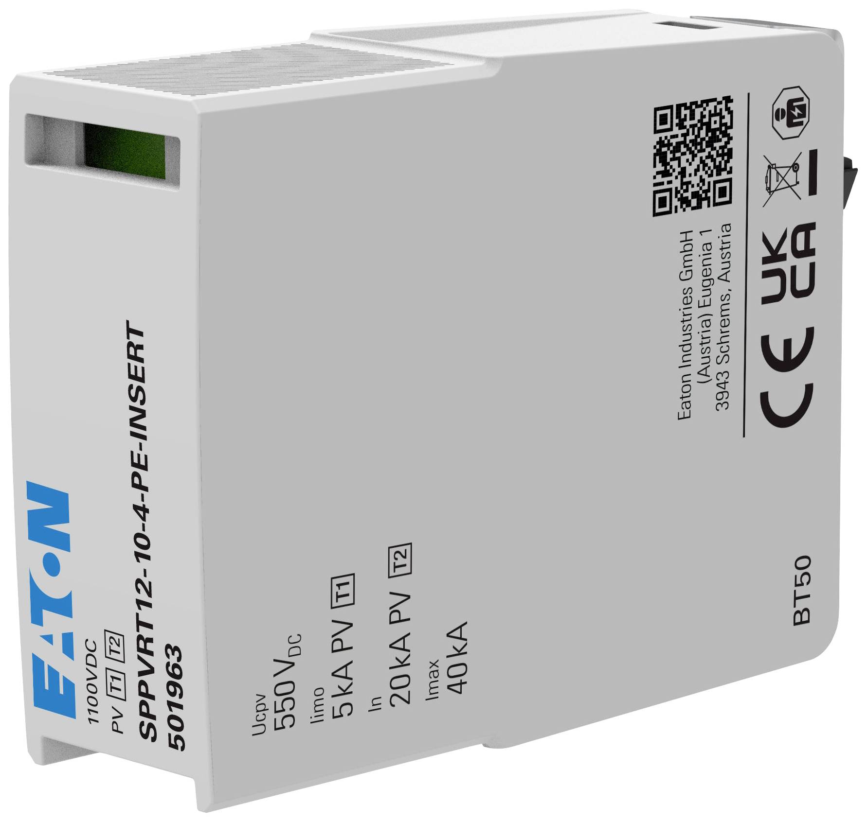 Ein weißes Schutzgerät von Eaton mit CE-Kennzeichnung, QR-Code und technischen Spezifikationen: 550 V DC, 15 kA PV, 20 kA max.