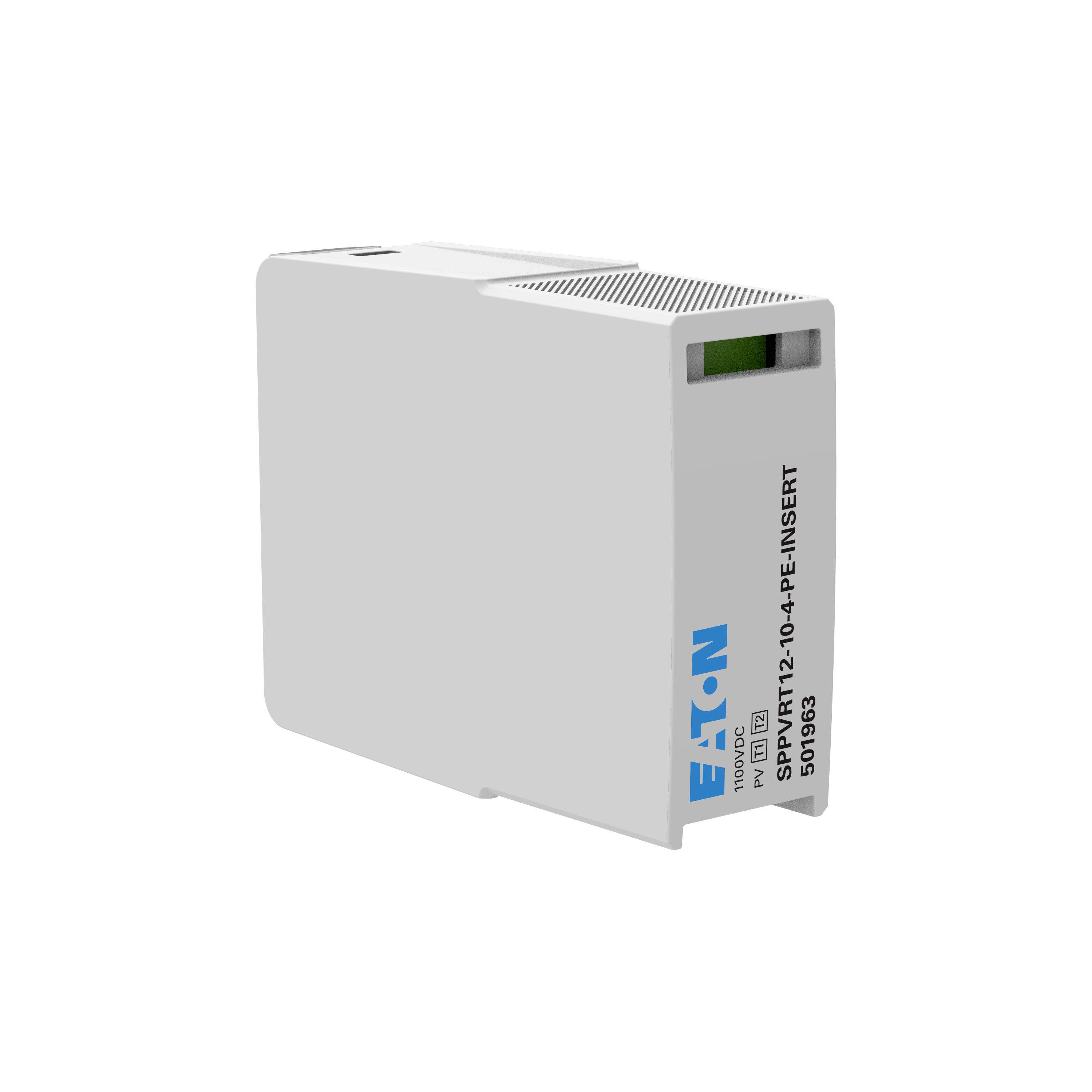 Ein weißer rechteckiger Elektrobauteil mit Eaton-Logo, markiert als 'SPD T2 10-4 PE-INSERT', dient als Überspannungsschutz.