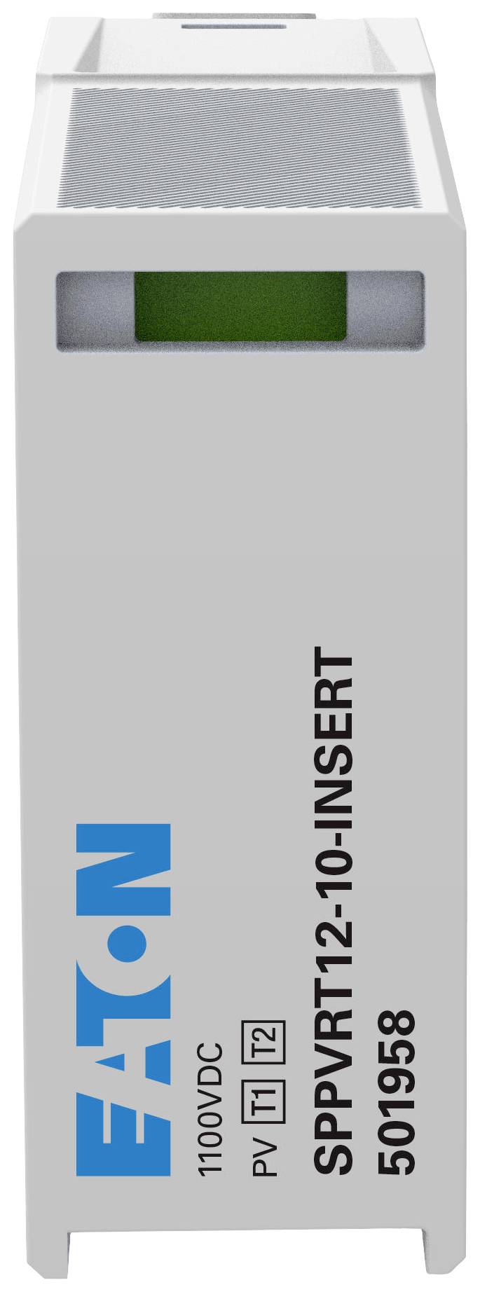 Ein weißer, rechteckiger Überspannungsschutz mit blauer Aufschrift 'EATON' an der Seite, markiert mit '1100V/DC' und '50/958'.