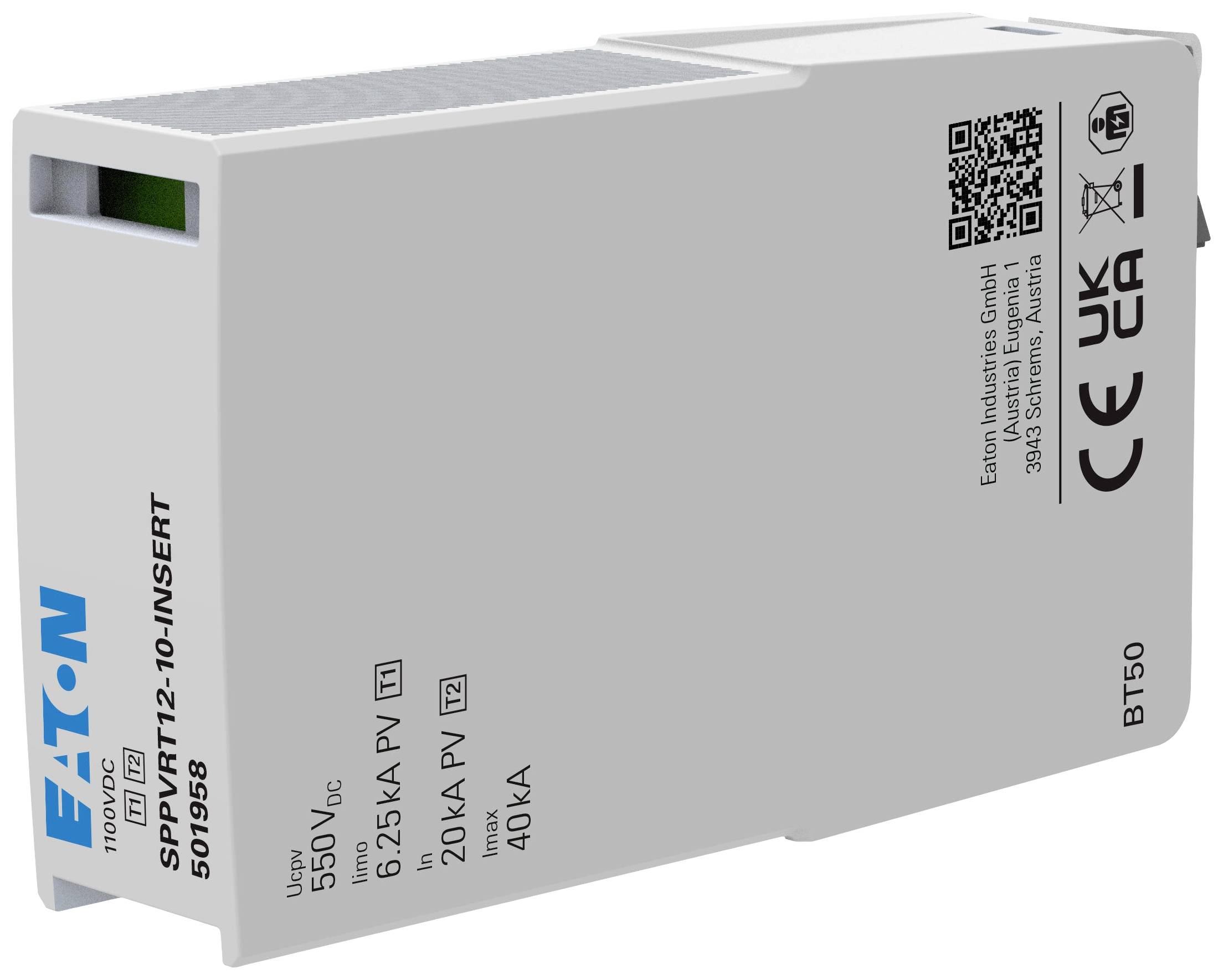 Elektronisches Gerät von Eaton mit Beschriftung 'SPD PLT12-10-INSERT'. Enthält technische Spezifikationen, QR-Code und Prüfsiegel.