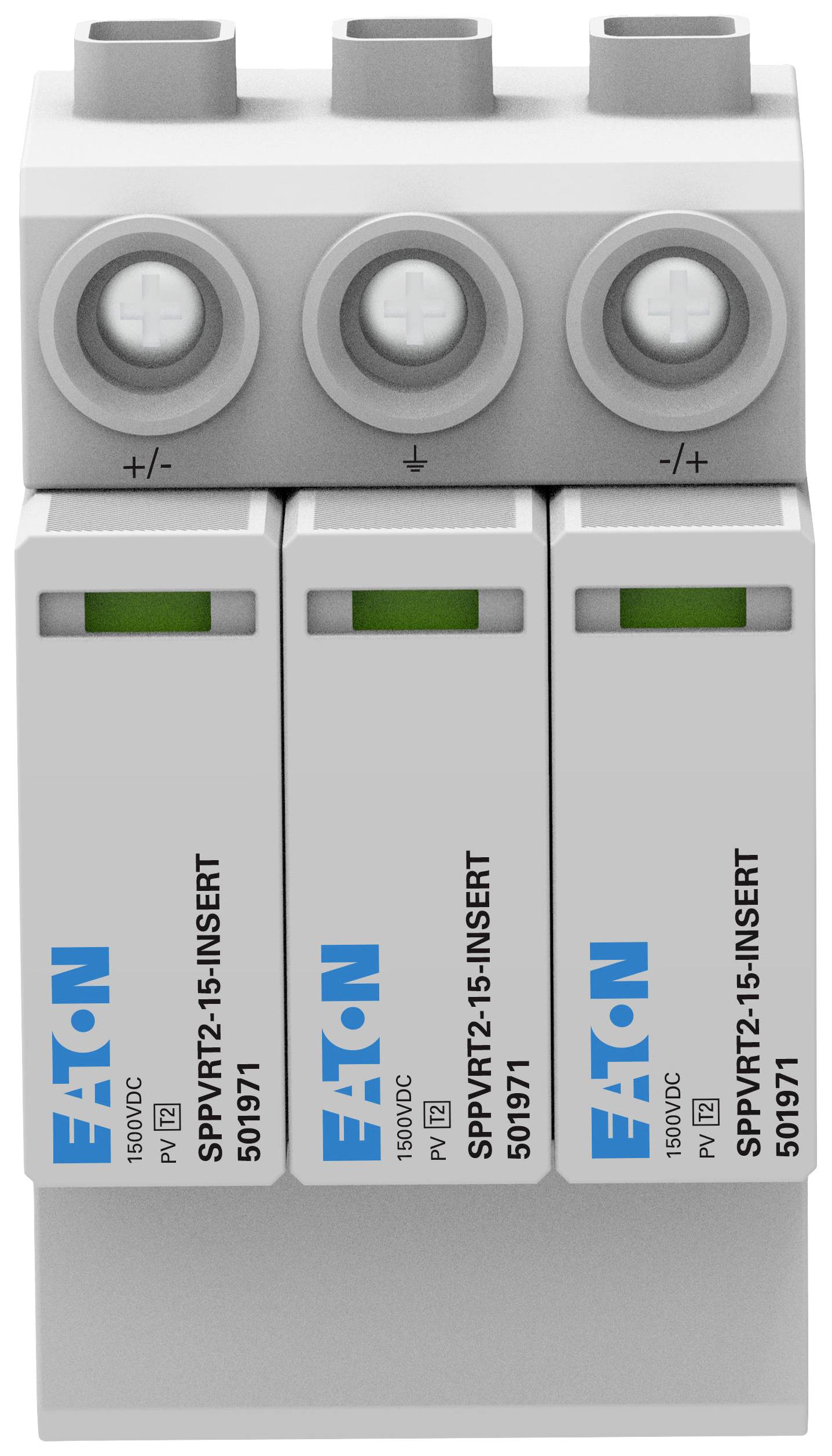 Elektrischer Überspannungsschutz-Gerät von Eaton mit drei Modulen, jedes mit Plus- und Minusanschlüssen. Labels zeigen Modellinformationen.