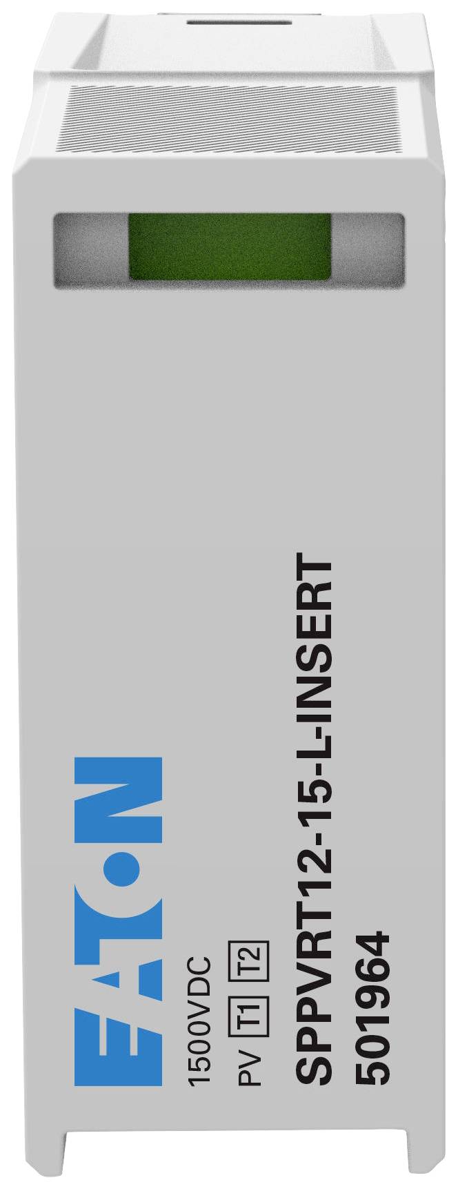 Gehäuse mit der Aufschrift 'Eaton SPPVRT12-15-INSERT', darunter technische Spezifikationen wie '1500VDC' und '501964'.