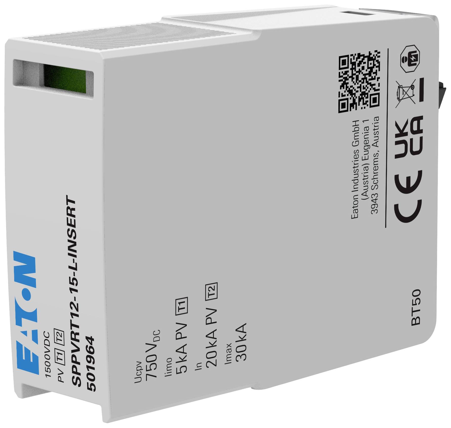 Graues rechteckiges Gerät mit blauen 'Eaton'-Logo, QR-Code und technischen Spezifikationen. Markierungen zeigen Spannungs- und Stromwerte.