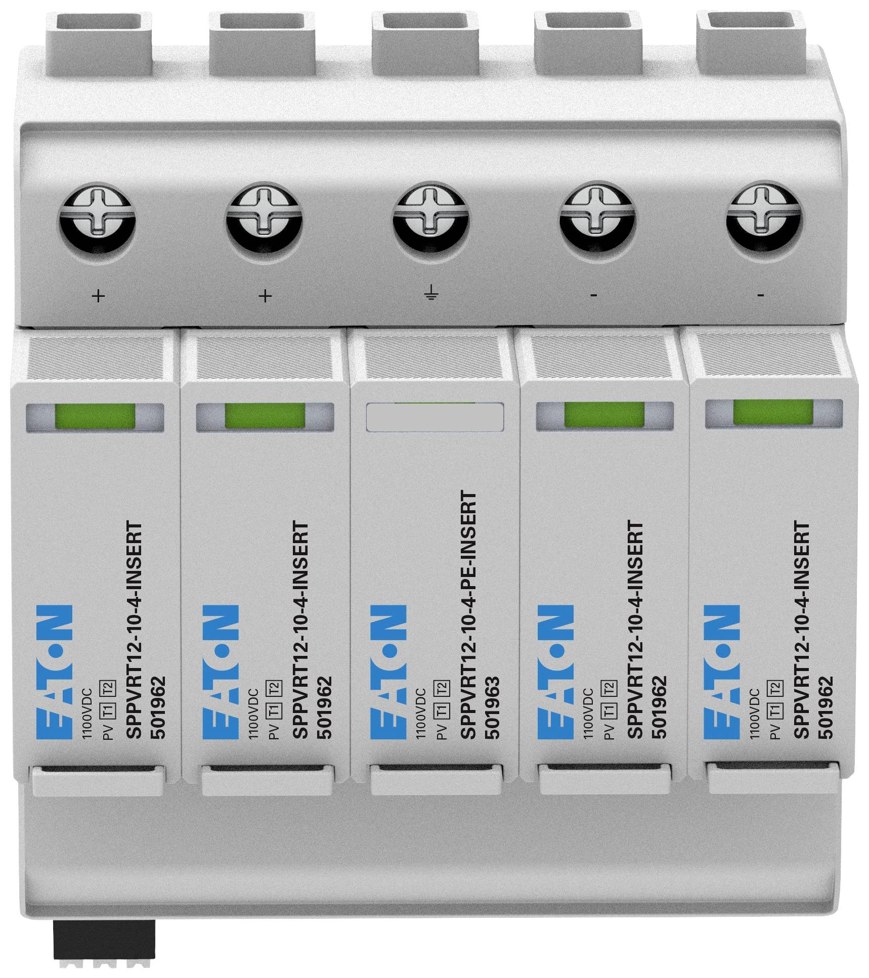 Überspannungsschutzgerät mit fünf Modulen und der Aufschrift 'Eaton'. Jedes Modul hat eine grüne Anzeige für den Status.