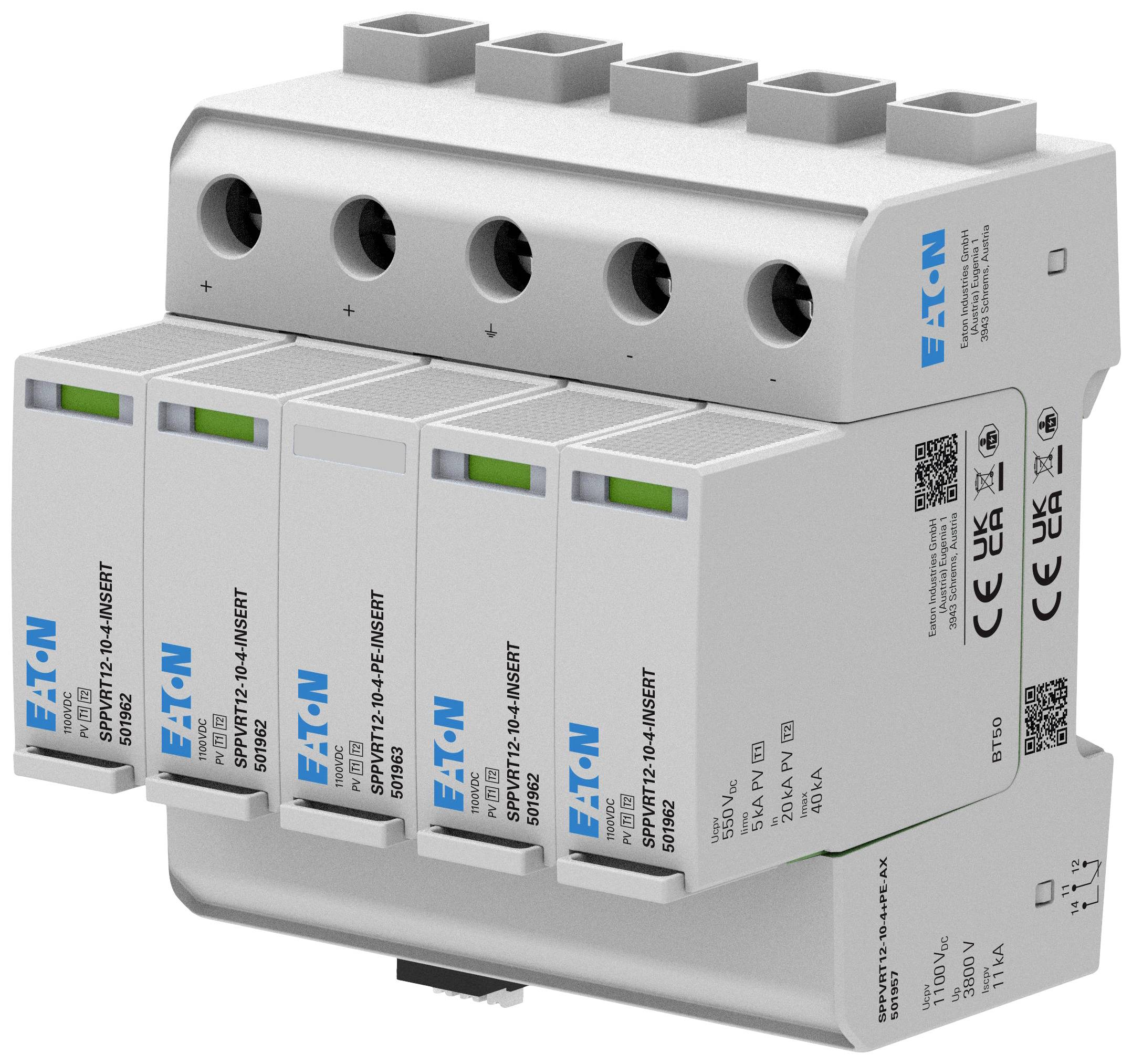 Überspannungsschutzgerät (SPD) von Eaton mit vier Schaltern, designed für den Schutz elektrischer Systeme vor Spannungsstößen.