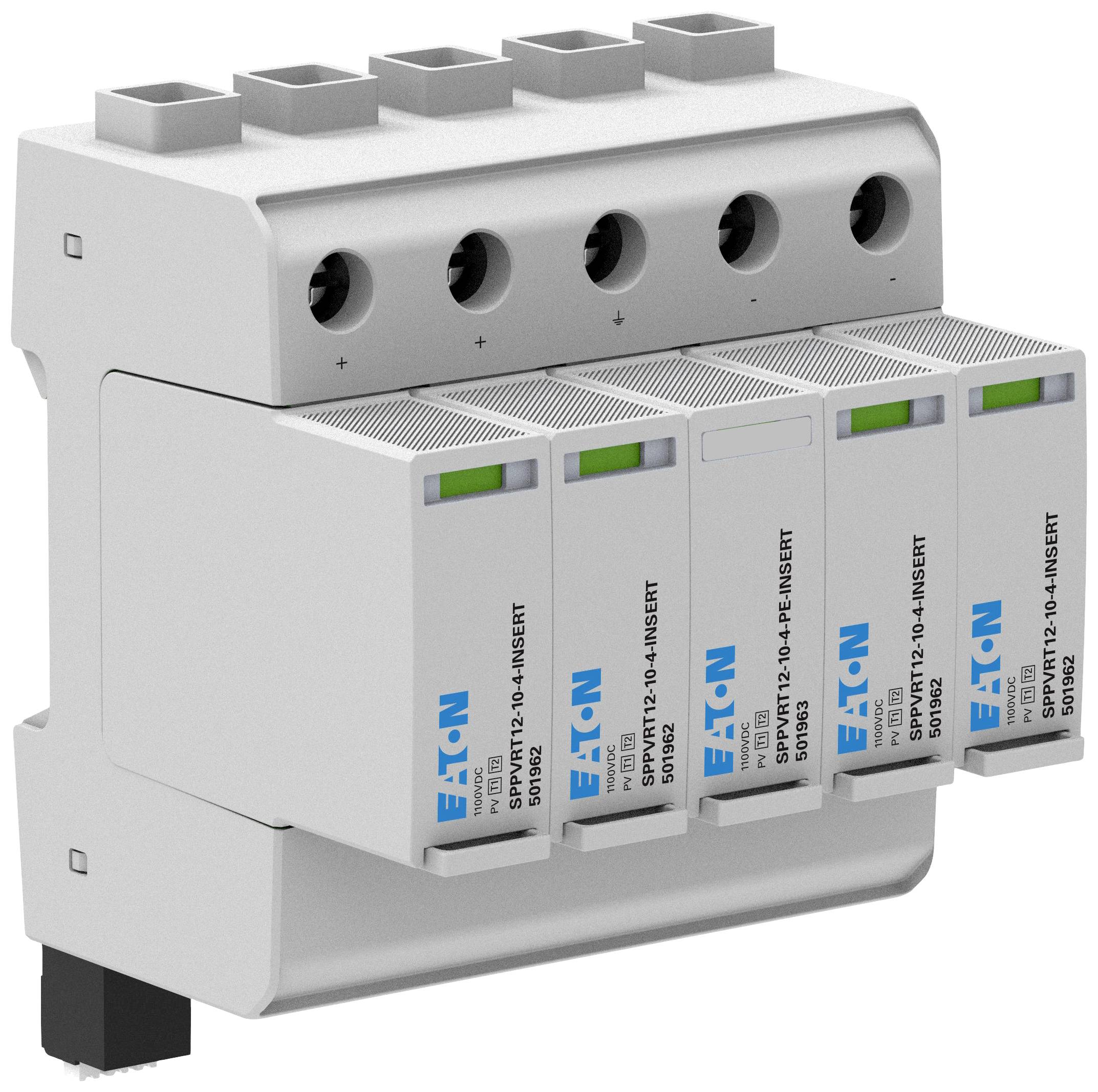 Ein Überspannungsschutzgerät mit fünf austauschbaren Modulen, jedes mit 'Eaton'-Logo. Das Gerät bietet Schutz vor Spannungsspitzen.