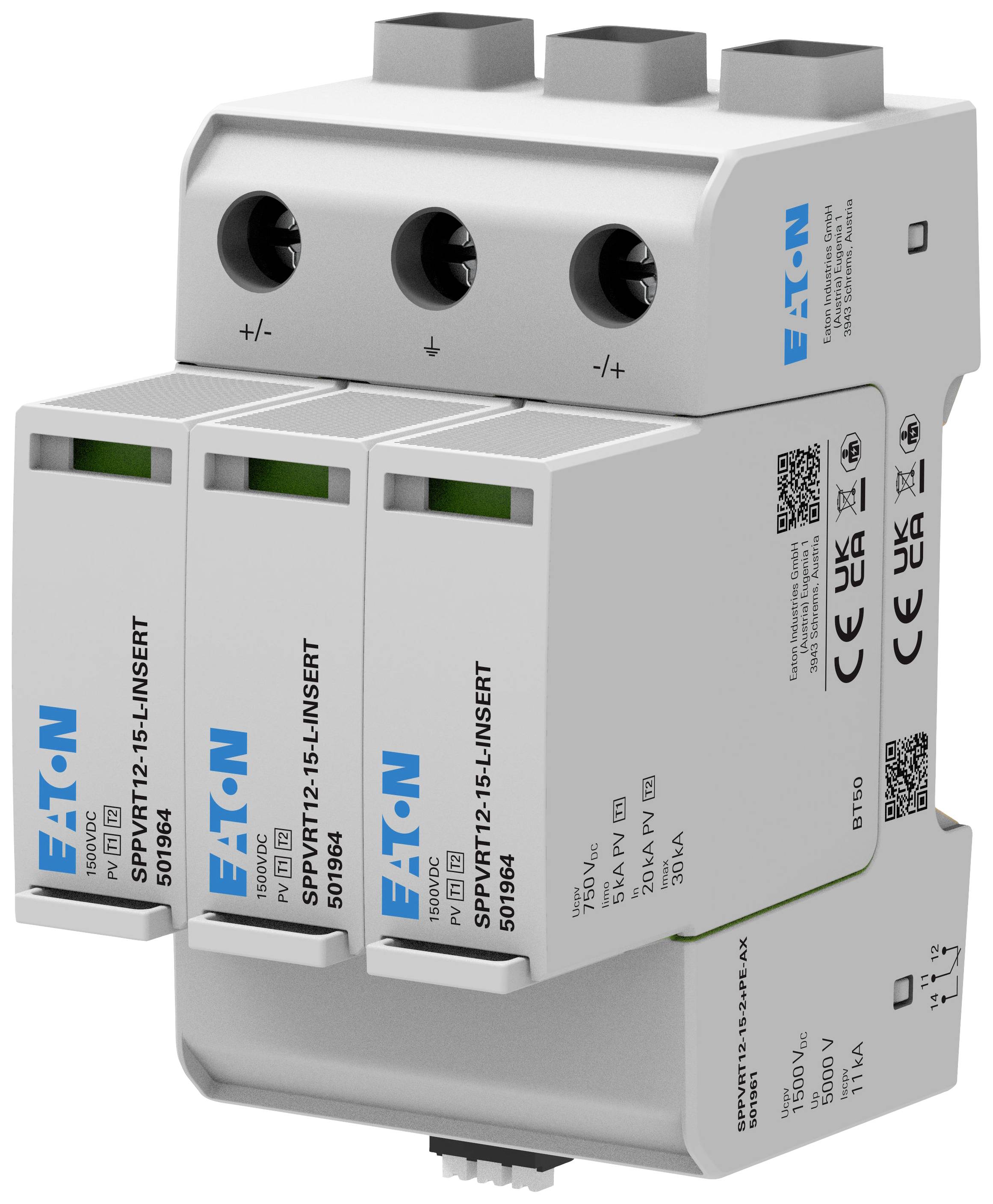 Dreiphasiger Überspannungsableiter von Eaton mit der Bezeichnung 'SPT N12/…'. Entworfen für den Schutz elektrischer Systeme.