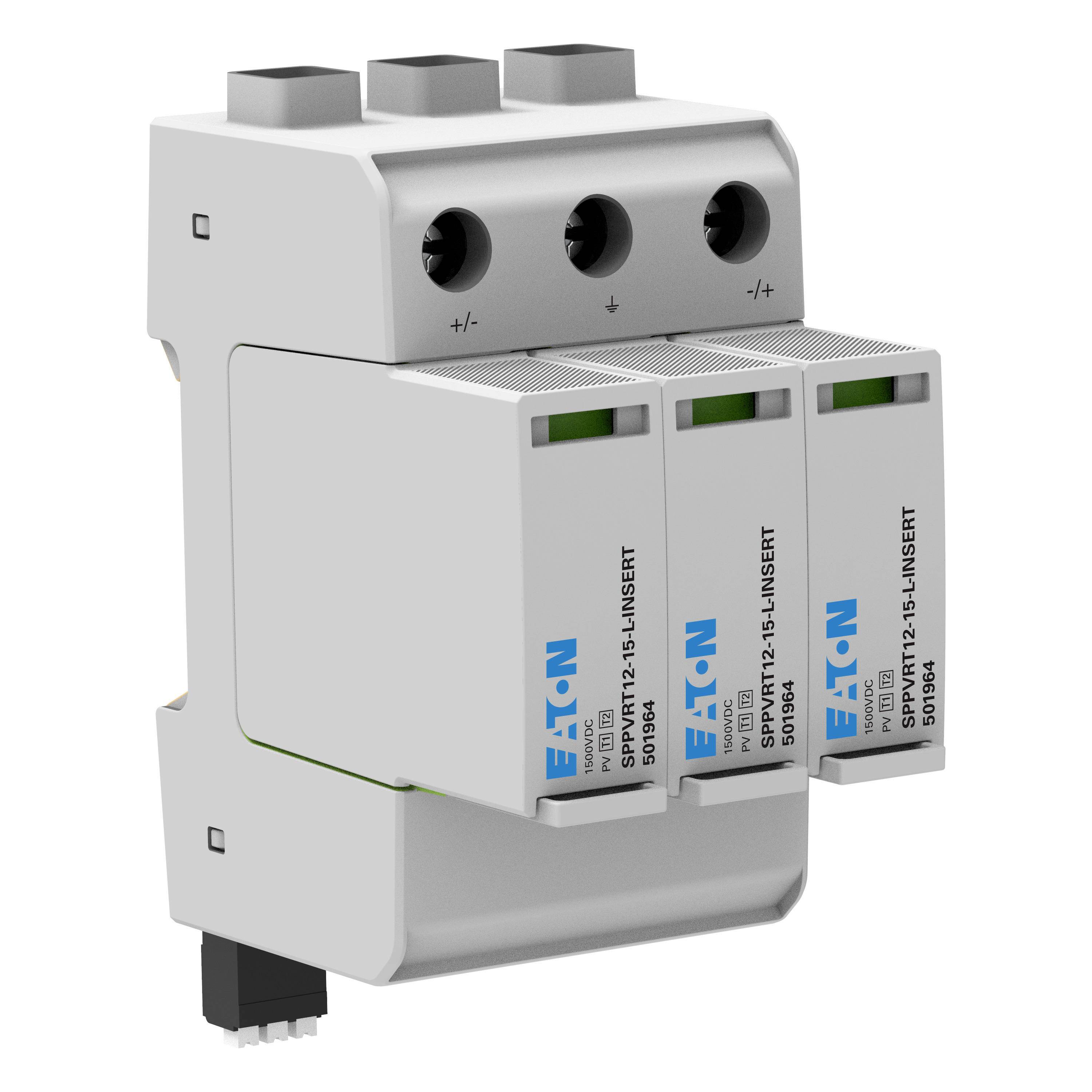 Ein Überspannungsableiter mit drei auswechselbaren Einsätzen. Geeignet zur Absicherung von elektrischen Anlagen gegen Überspannungen.